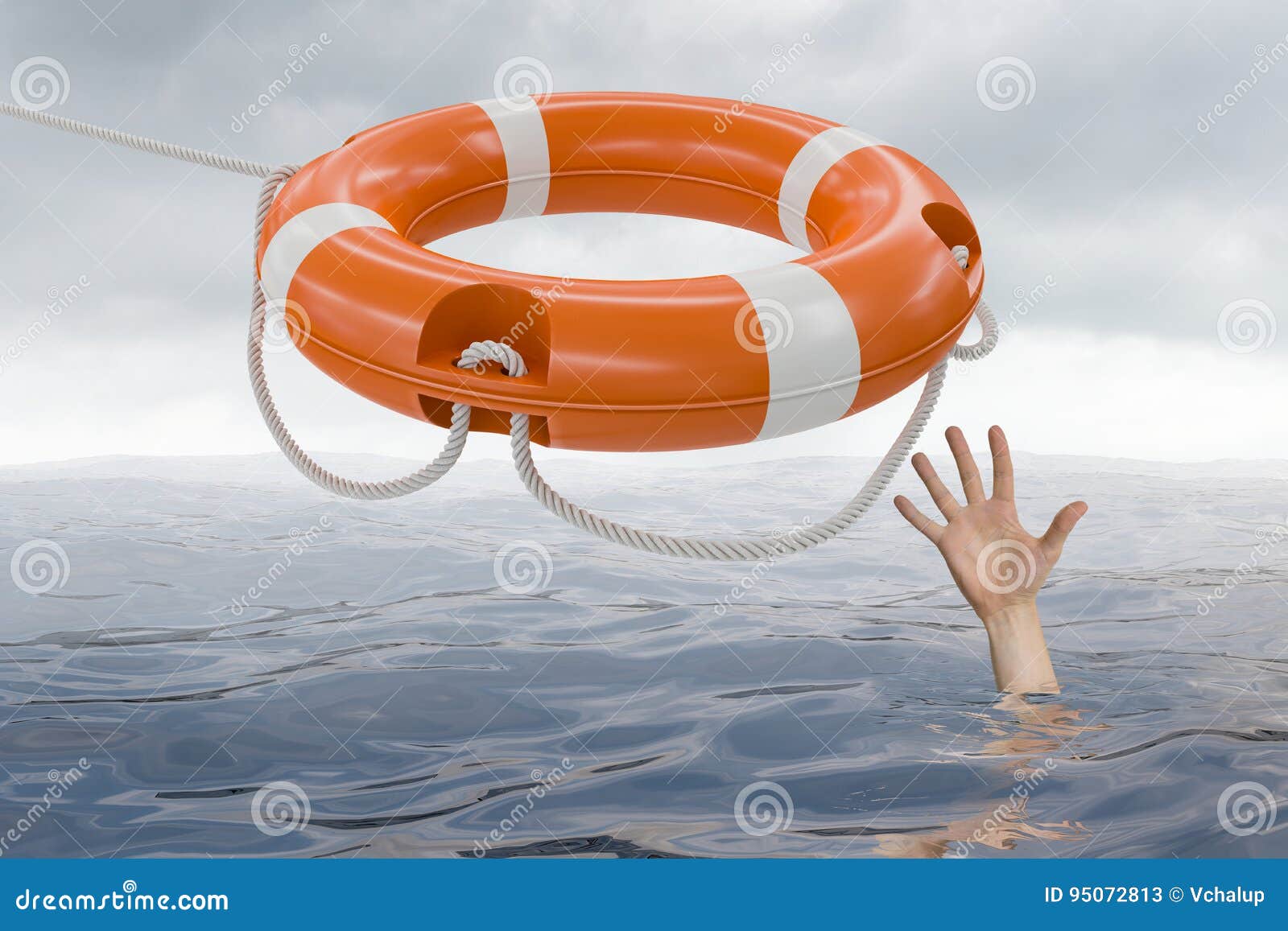 Man is Drowning in Ocean and is Catching Life Buoy Stock Illustration