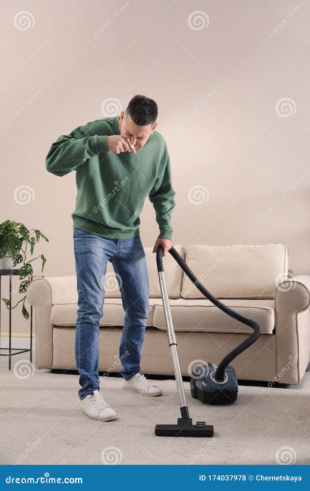 Man with Dust Allergy Cleaning His Home Stock Photo Image of