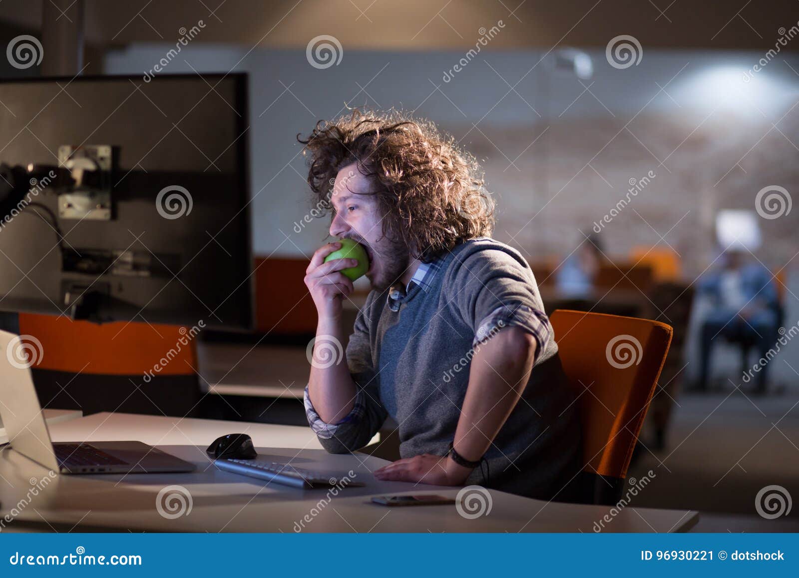 Man Eating Apple in His Office Stock Image Image of happy, nutritious