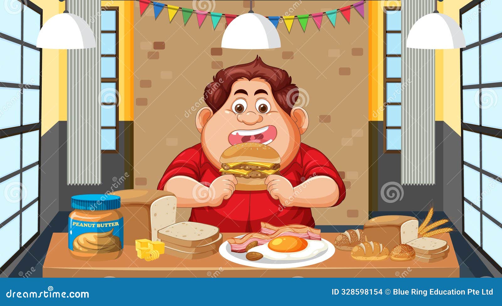 Man eating breakfast stock vector. Illustration of appetite - 328598154, image size:1600x974
