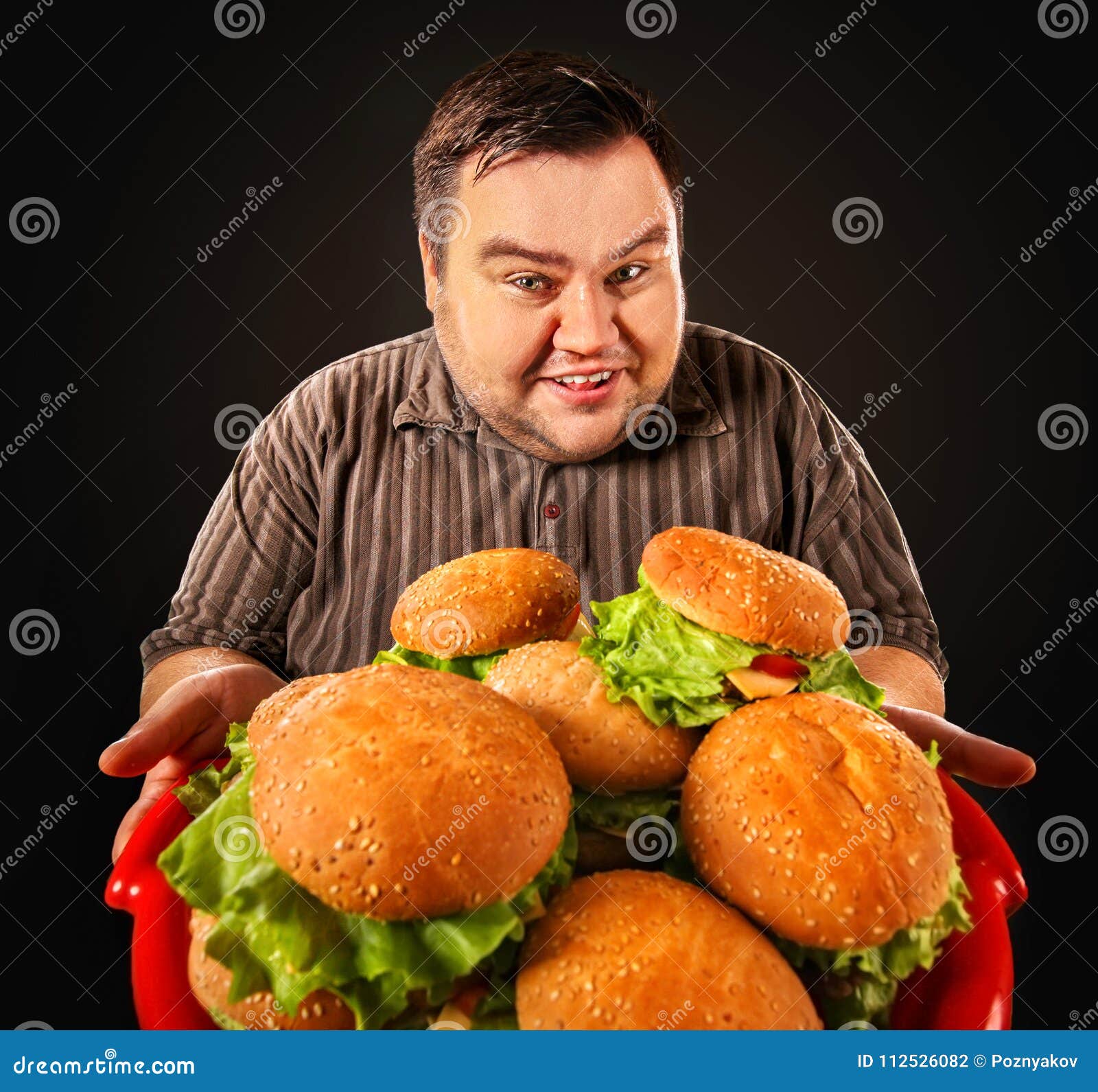 Fat Man Eating Fast Food Hamberger. Breakfast for Overweight Person. Stock  Photo - Image of failure, food: 112526082