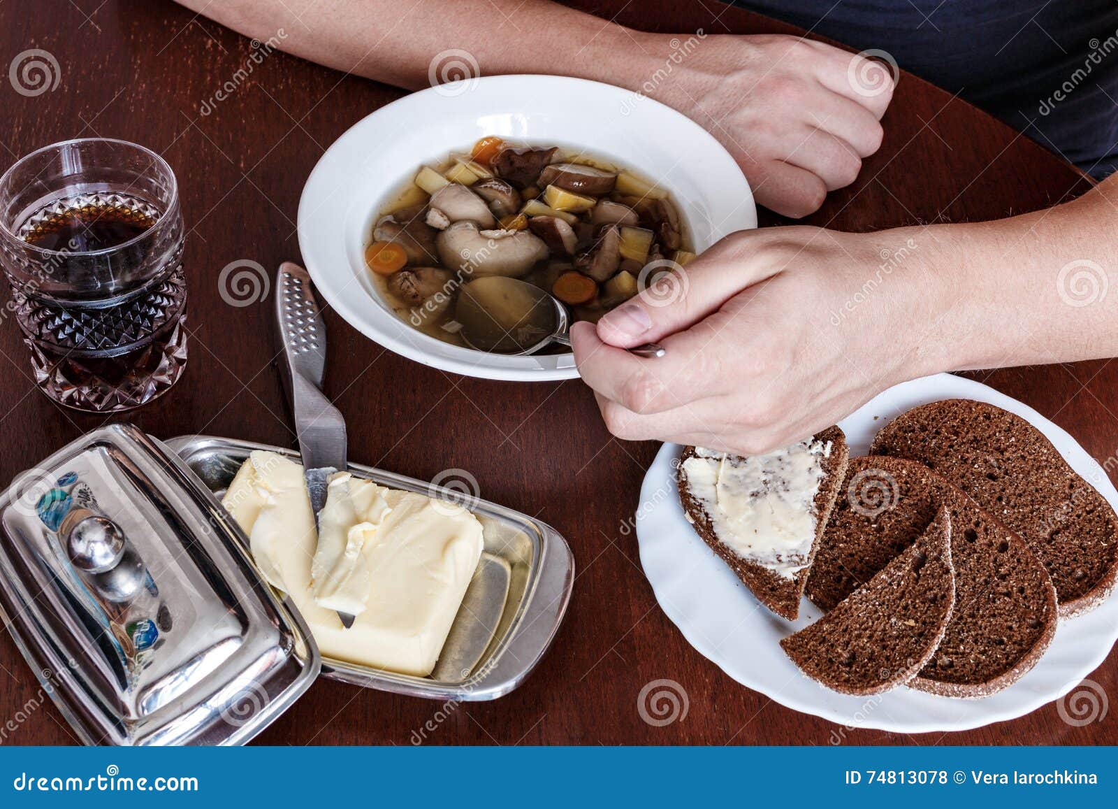 Man Eating Soup With His Left Hand Mushroom Bread Butter Stock Photo Image Of People Sandwich 74813078