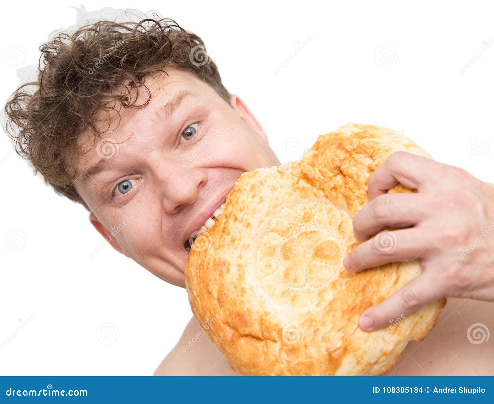 Man Eats Bread On A White Background Stock Photo Image of bread