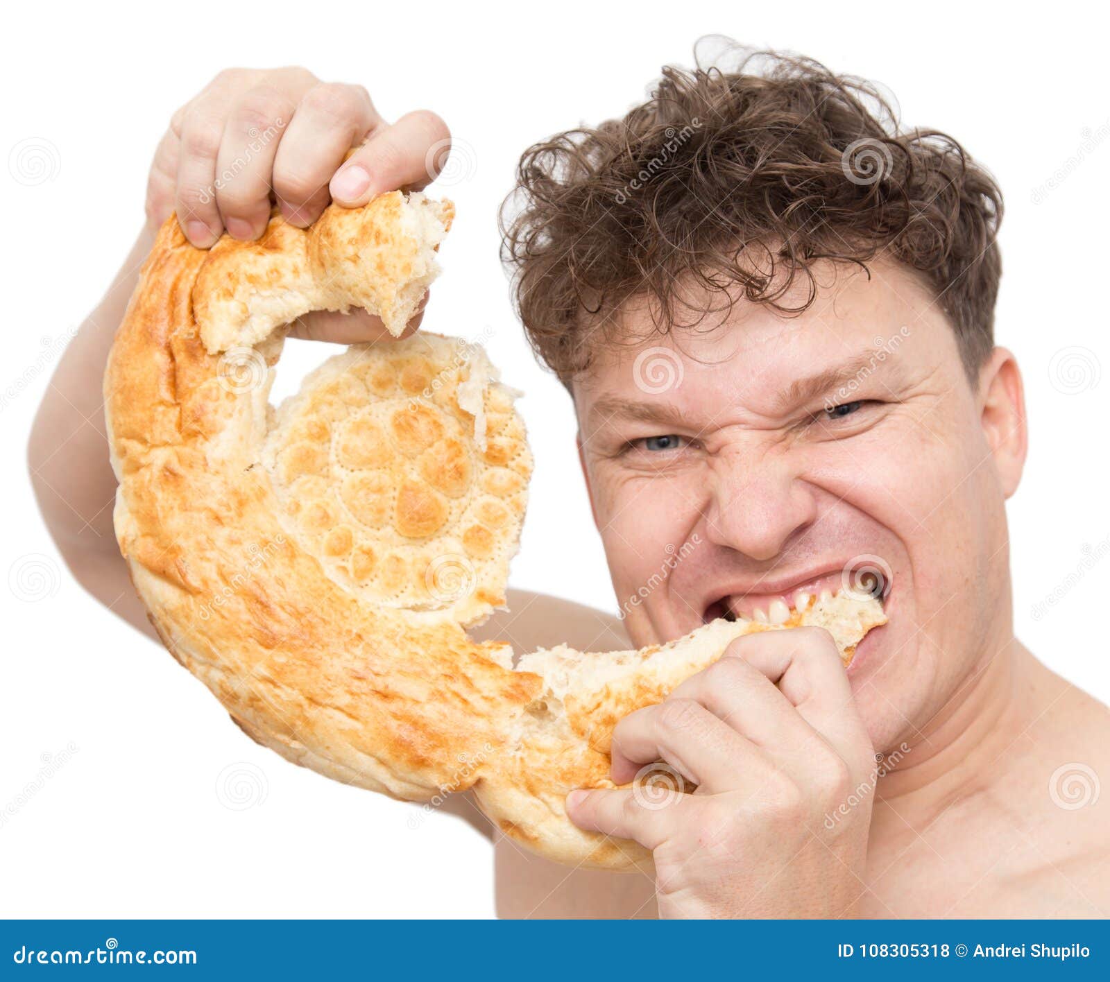 Man Eats Bread On A White Background Stock Photo Image of mouth, roll