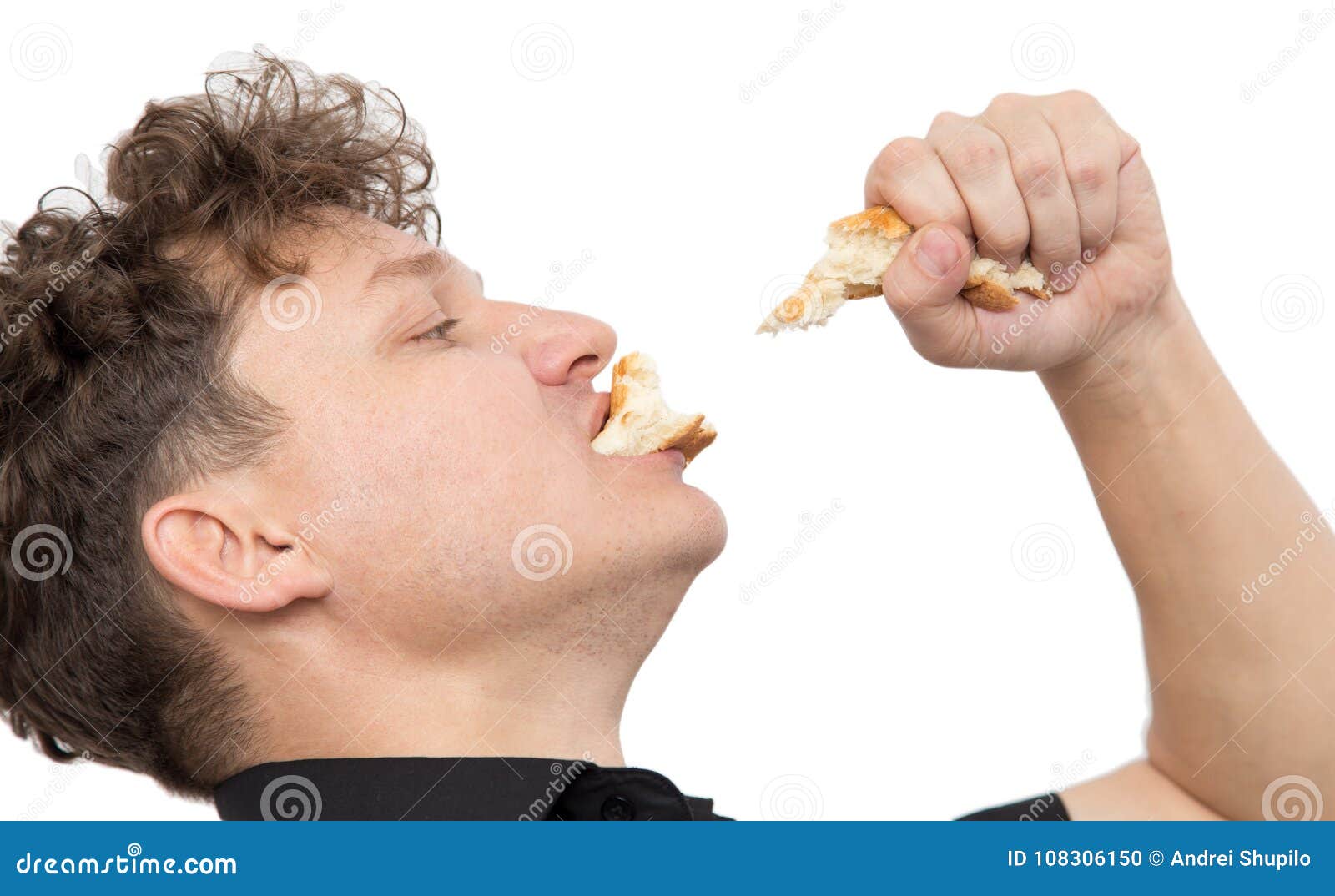 Man Eats Bread on a White Background Stock Photo Image of caucasian