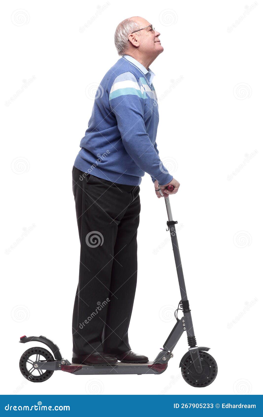 Man with an Electric Scooter Reading an Ad on a White Screen Stock
