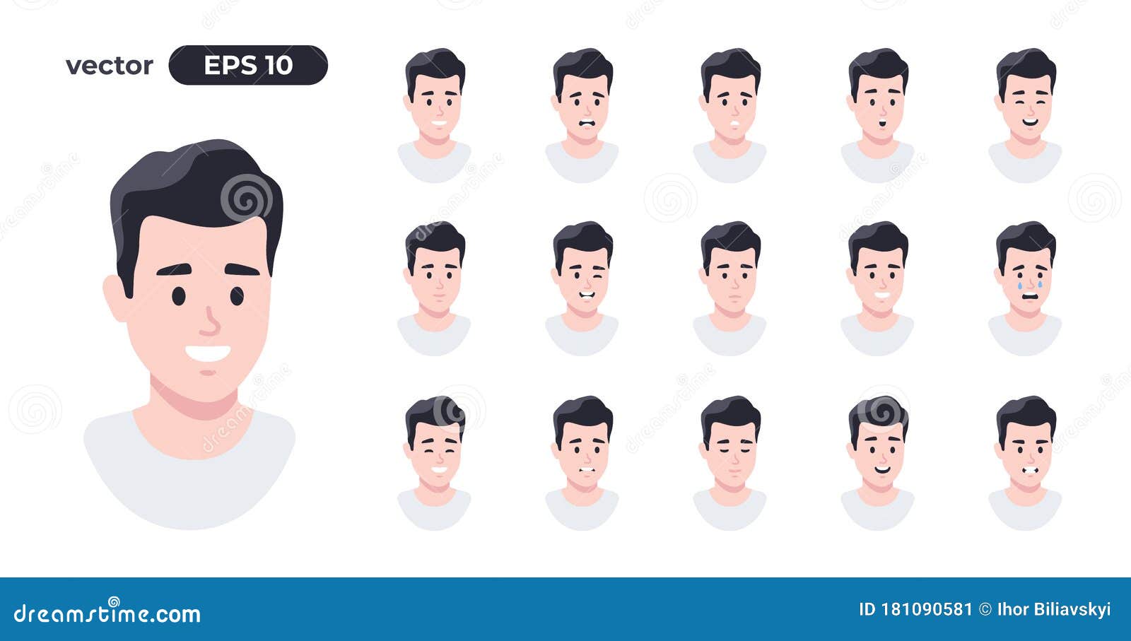 man emotions set. cartoon people face. young boy. cute male character for animation. different facial expressions collection.