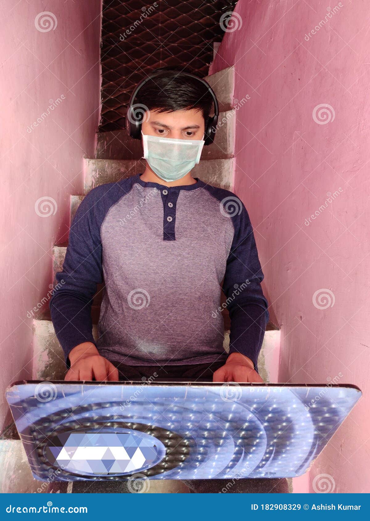 Man Employee Work From Home Using Mobile And Laptop Stock Image