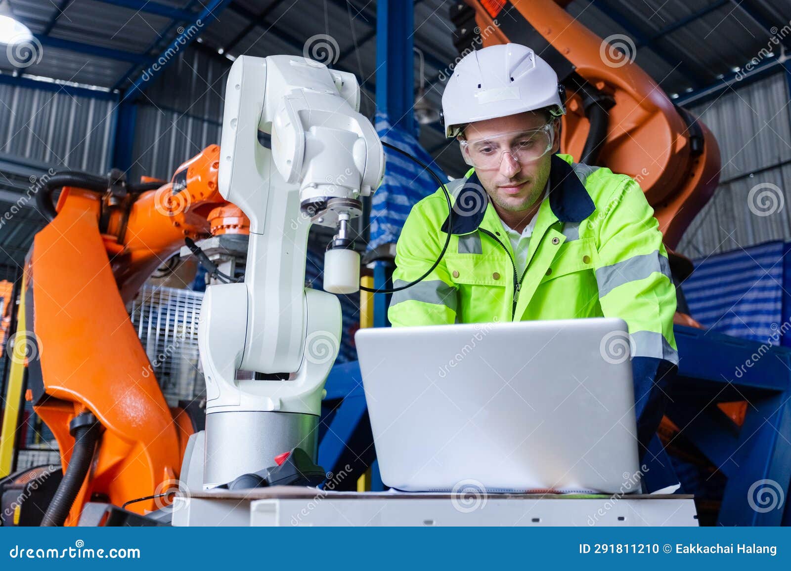 Production automate wireless robot arm in smart factory background