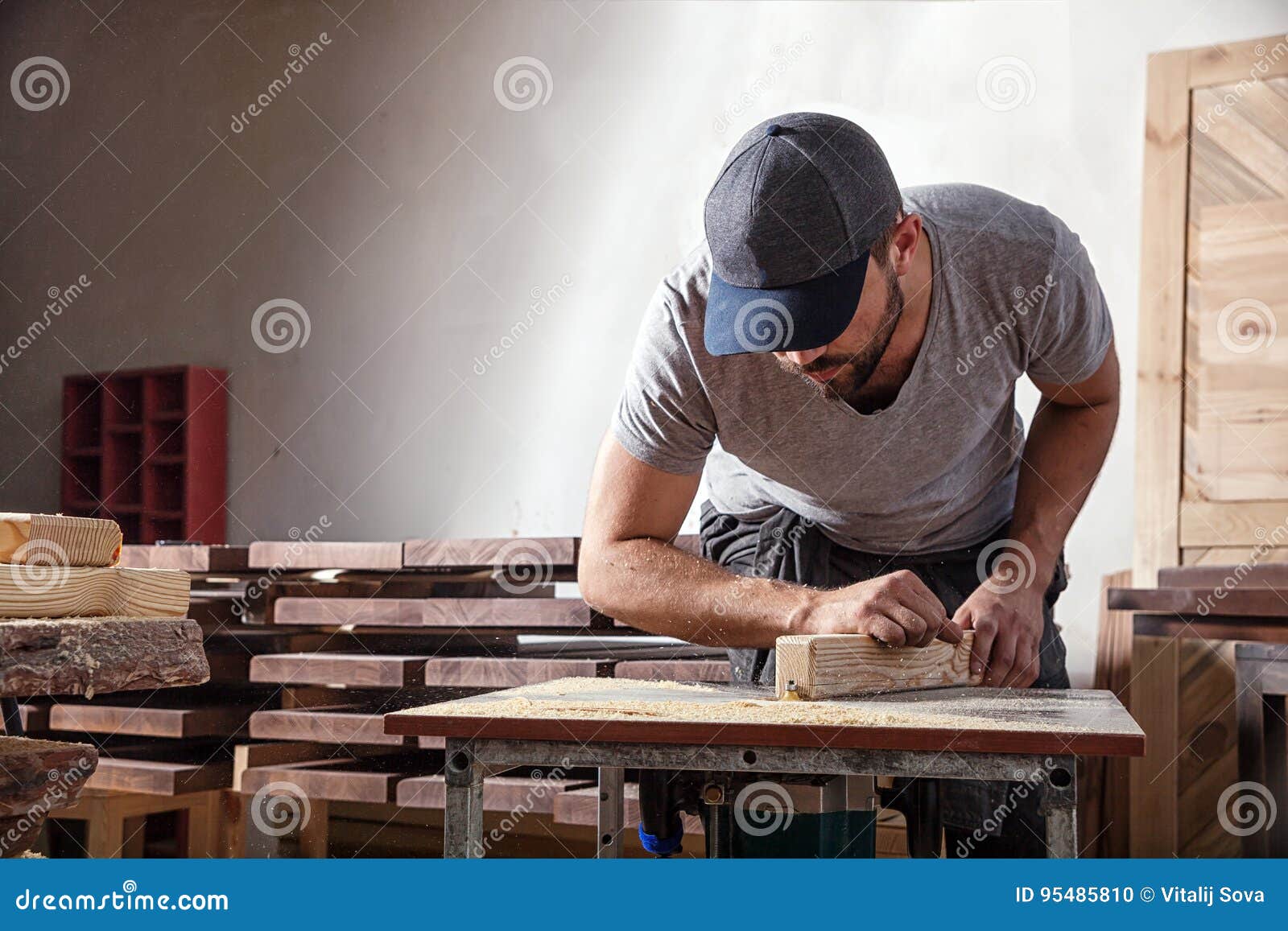 Man Equals a Wooden Bar Milling Machine Stock Photo Image of milling