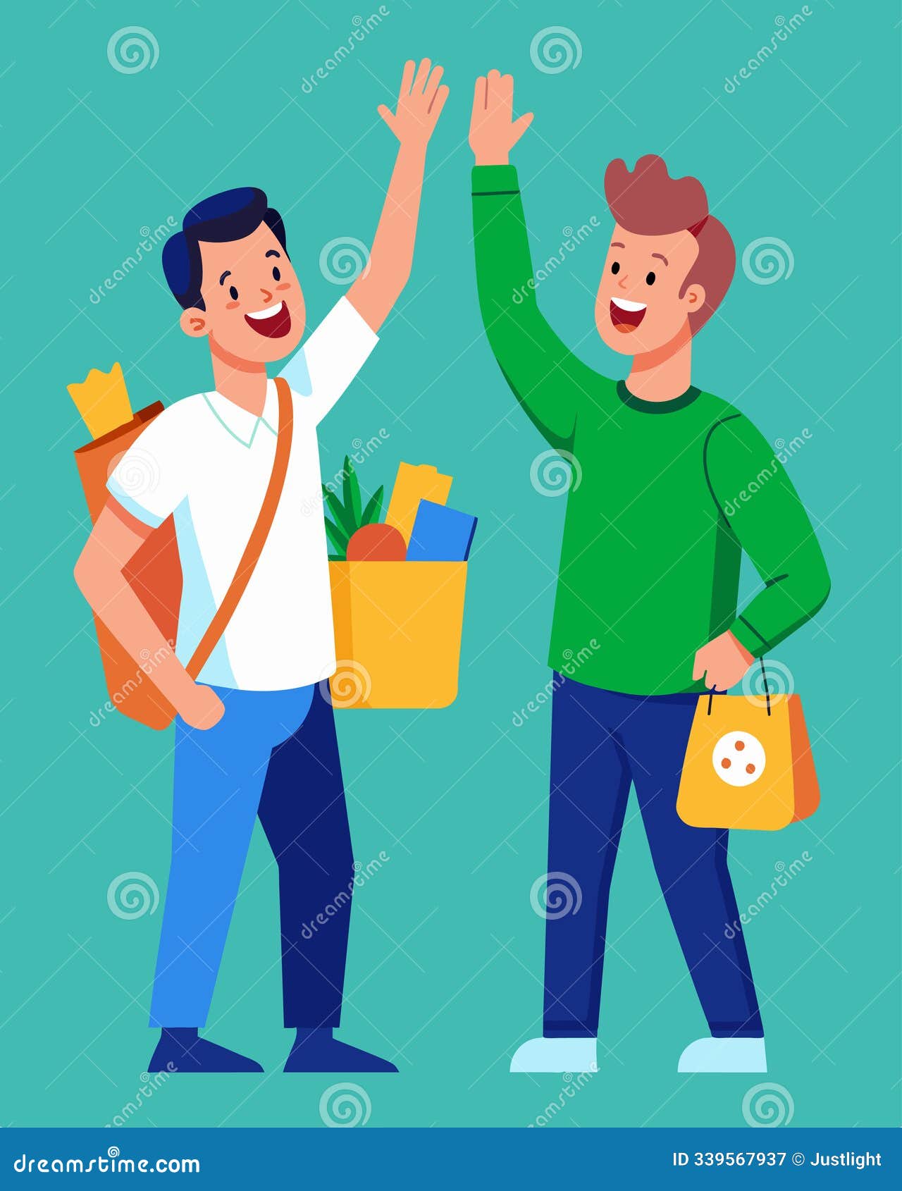 a man excitedly highfives his roommate upon returning from the grocery store proudly announcing how much they saved
