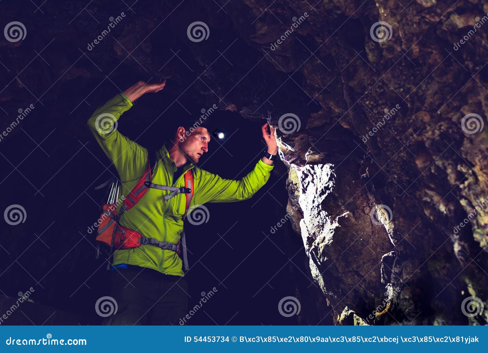 Man Exploring Underground Dark Cave Tunnel Stock Photo Image of