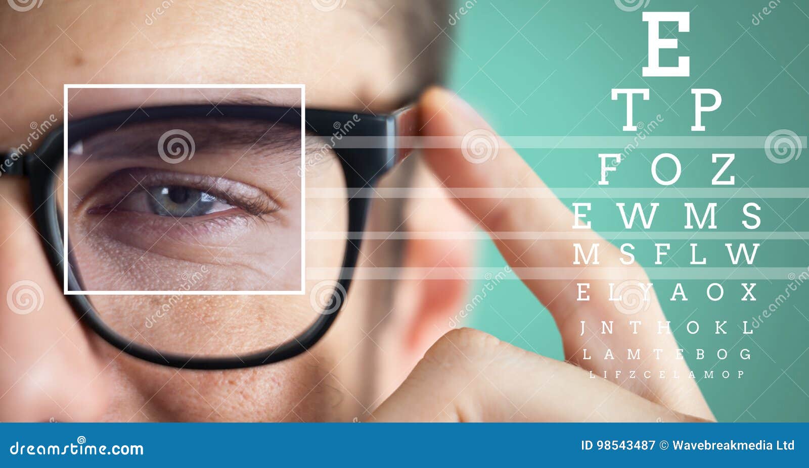 Man with Eye Focus Box Detail Over Glasses and Lines and Eye Test