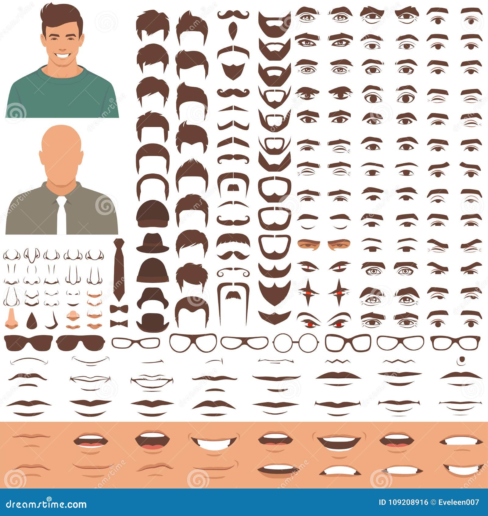 man face parts, character head, eyes, mouth, lips, hair and eyebrow icon set