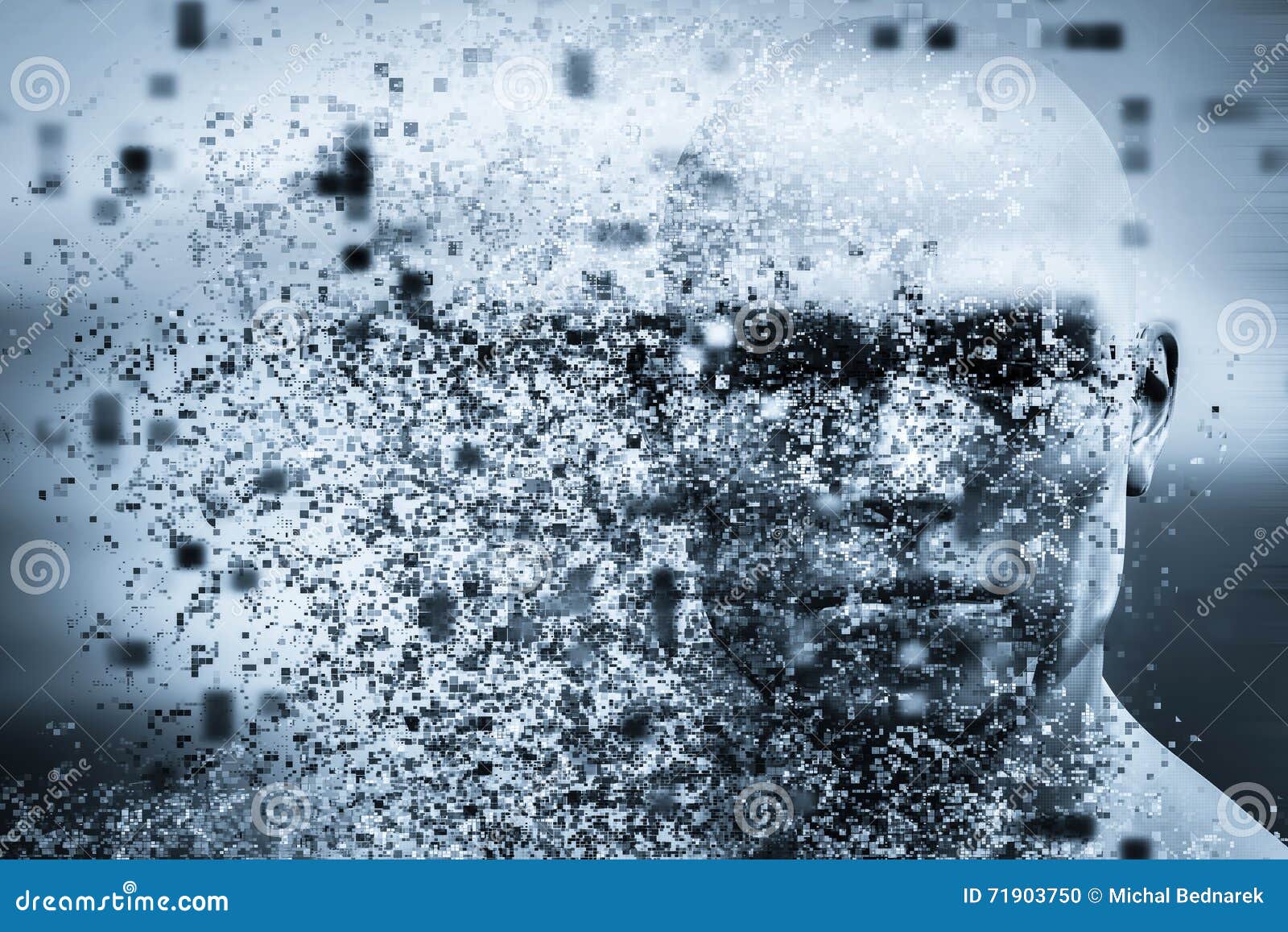 man face with pixel dispersion effect. concept of technology, modern science but also disintegration