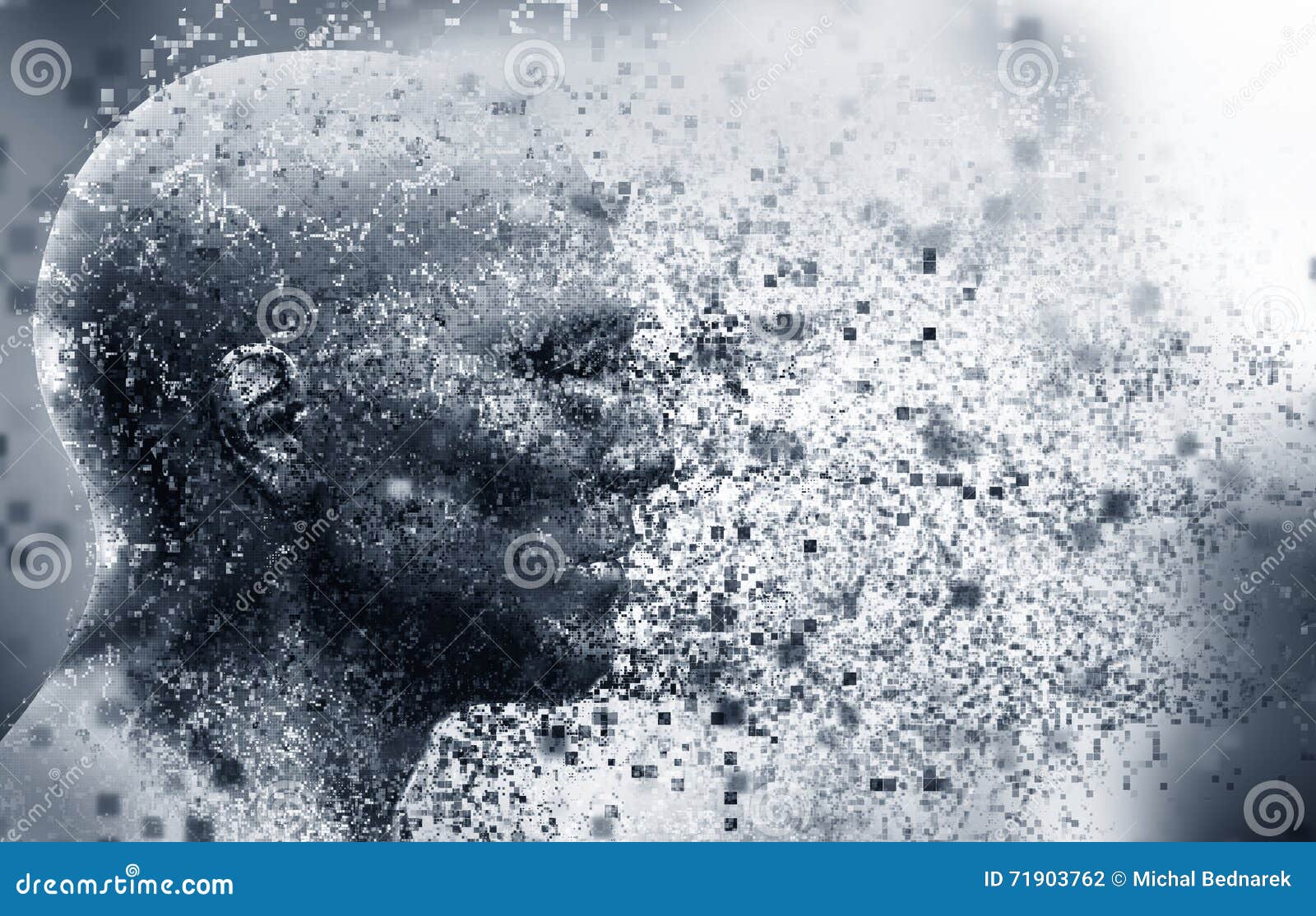 man face with pixel dispersion effect. concept of technology, modern science but also disintegration
