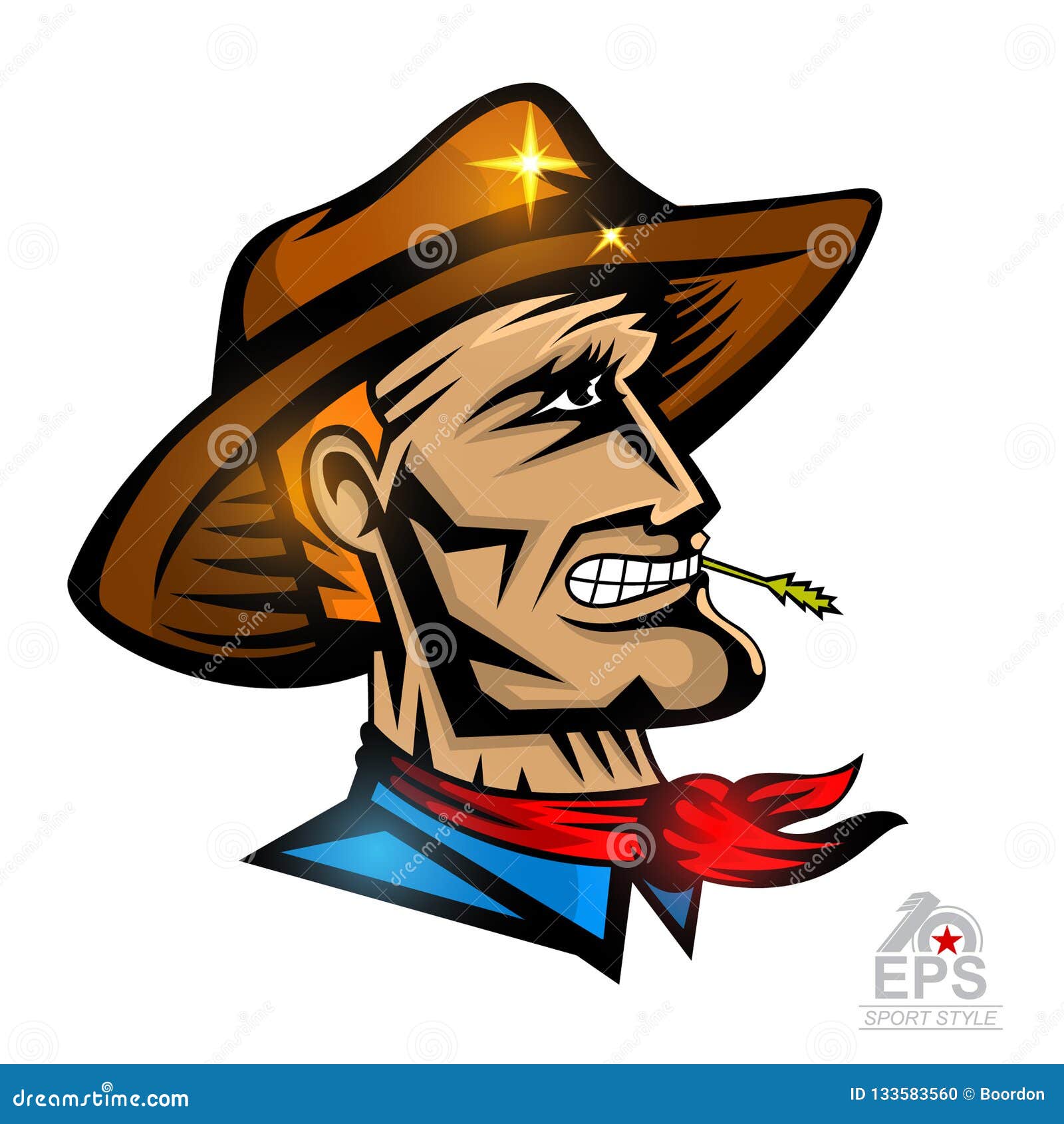 man face in profile with cowboy hat  on white.