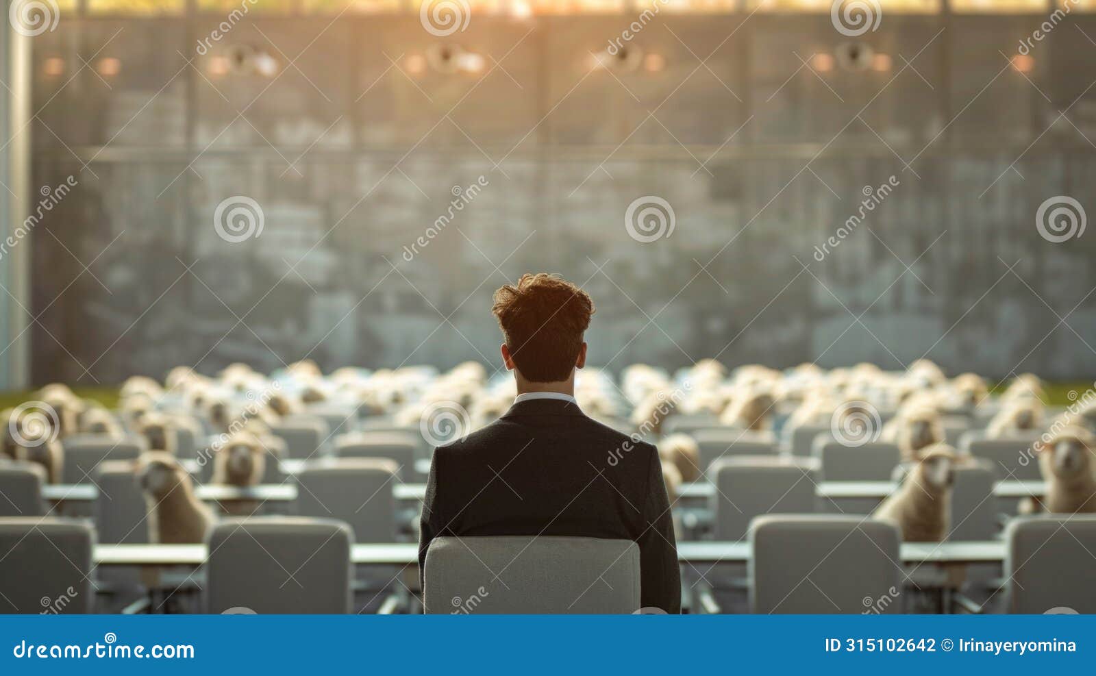 man facing sheep crowd in auditorium: populism metaphor