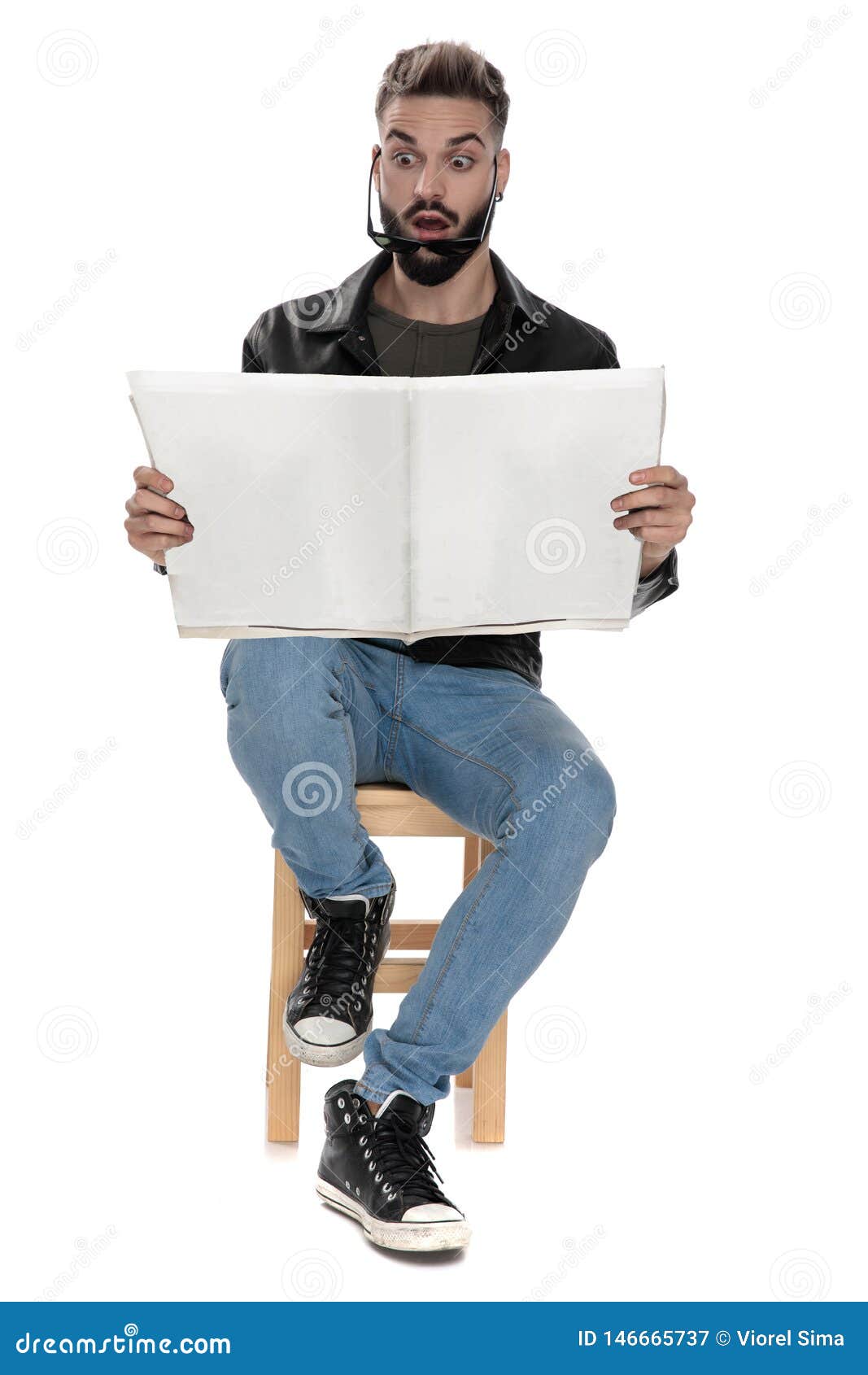 Man with Fallen Sunglasses Reading Newspaper Stock Image Image of