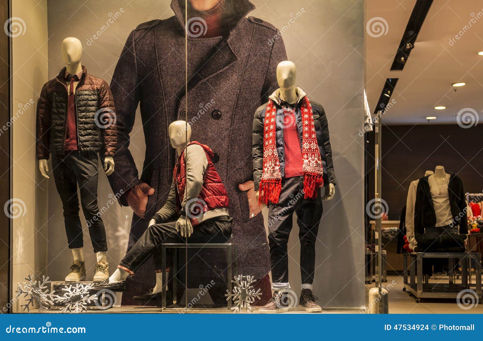 Man Fashion Clothing Shop Window With Mannequins, Christmas Decoration ...