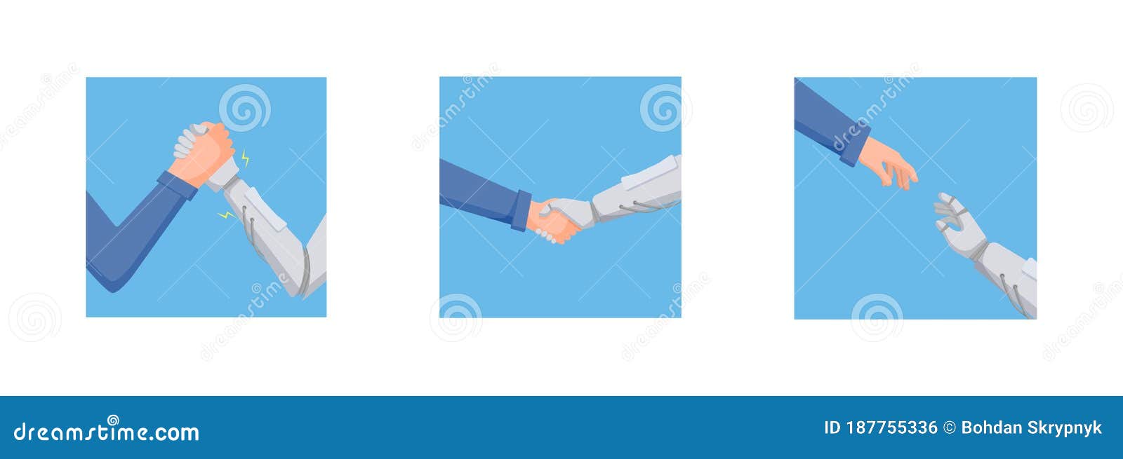 man is fighting robot concept. hand character and robot are engaged in arm wrestling conclude truce help each other.