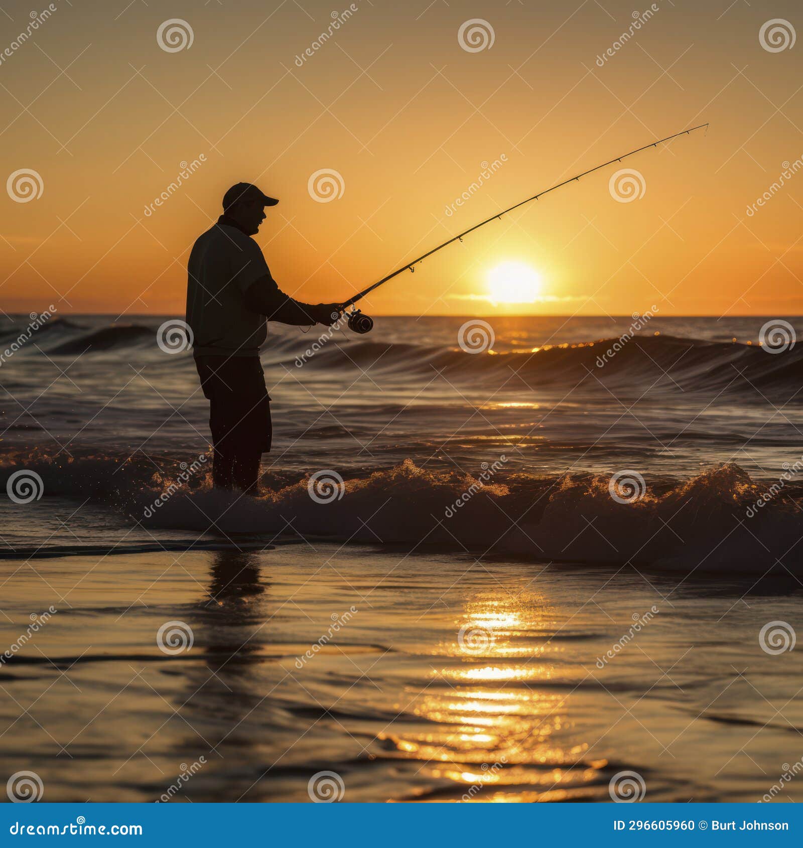 Man Fishing from Beach at Sunset Stock Photo - Image of coastline, fishing:  296605960