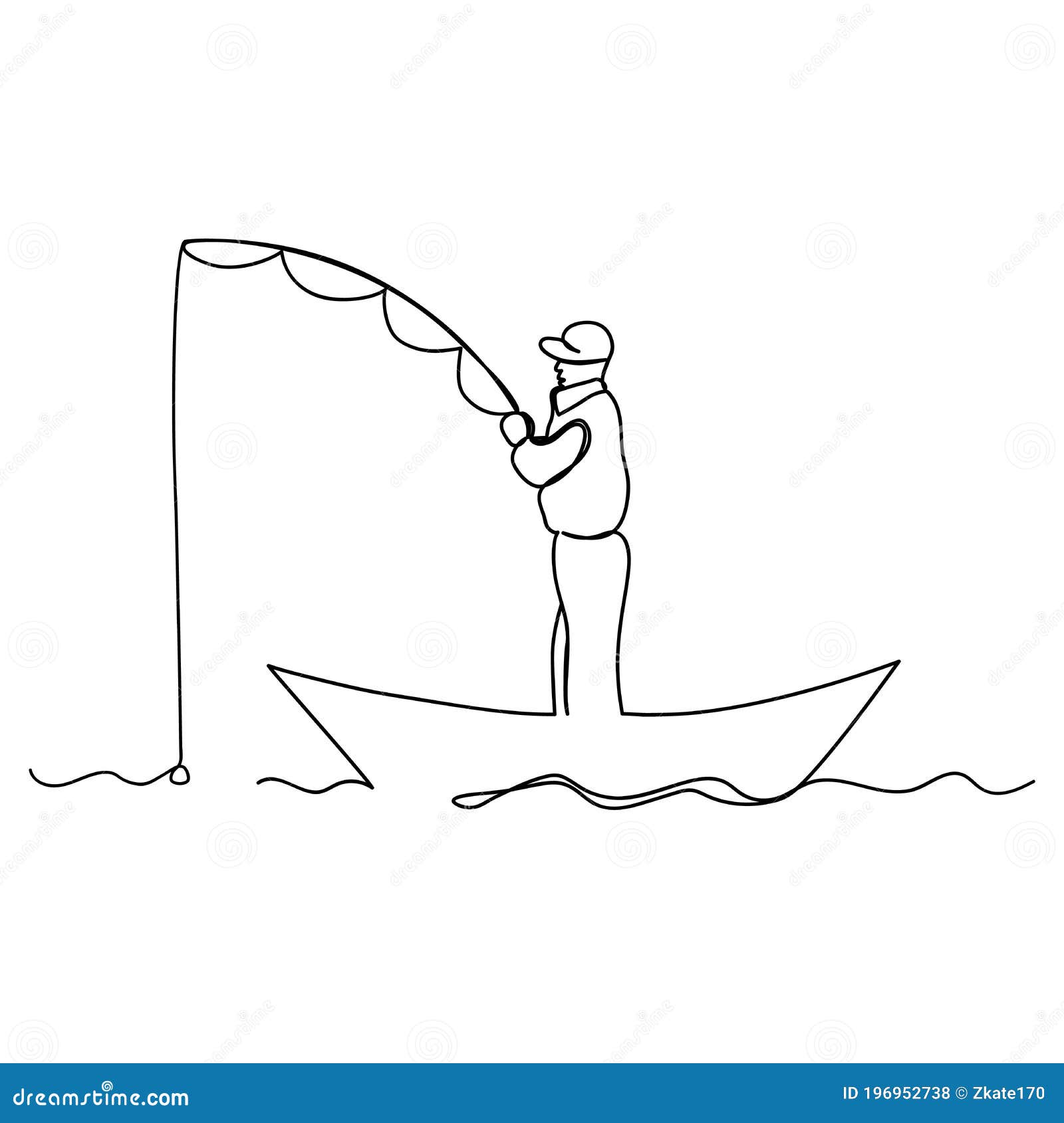 Man Fishing from a Boat. Line Art Stock Vector - Illustration of