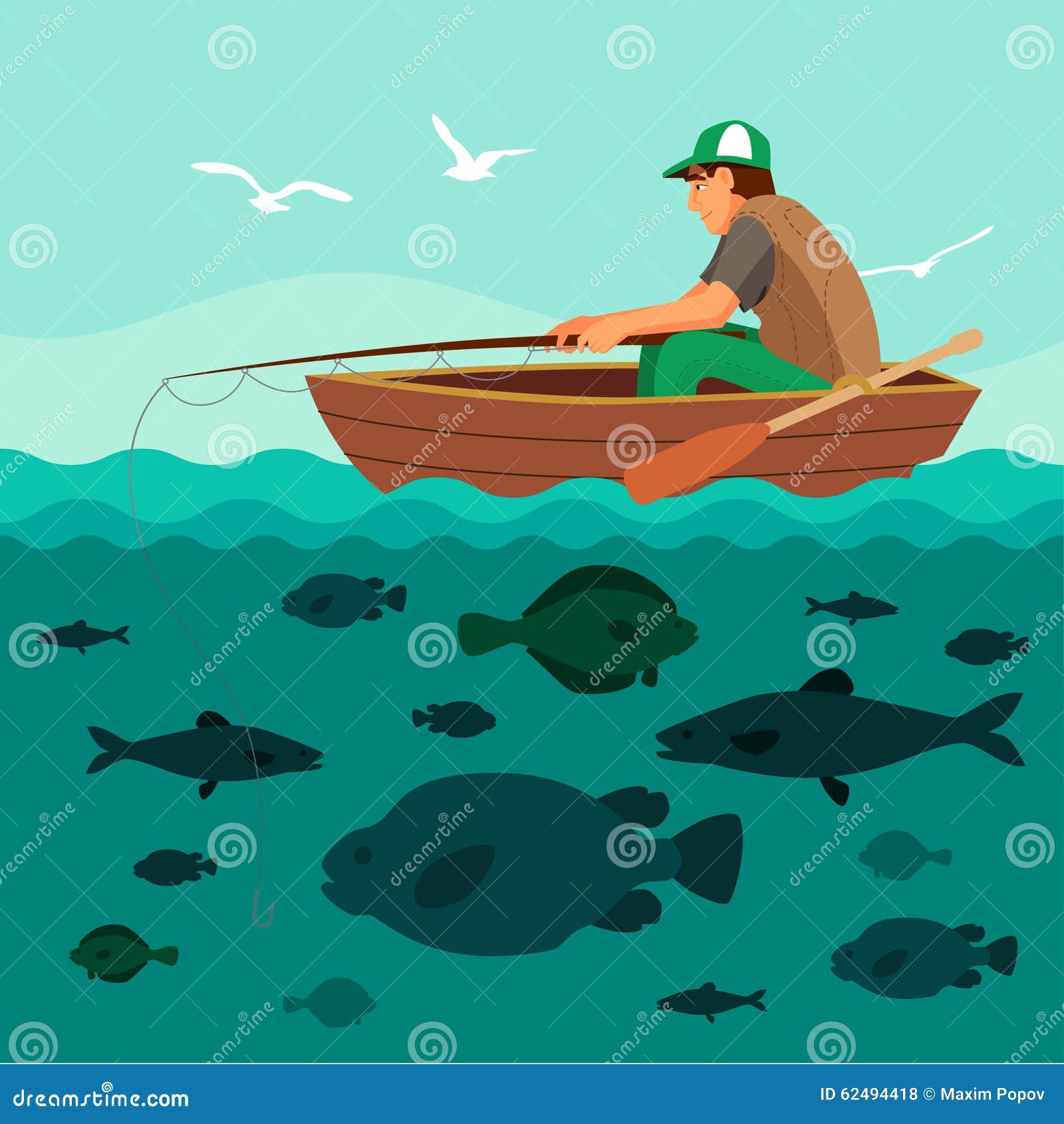 Man Fishing On The Boat. Lots Of Fish Stock Vector - Image 