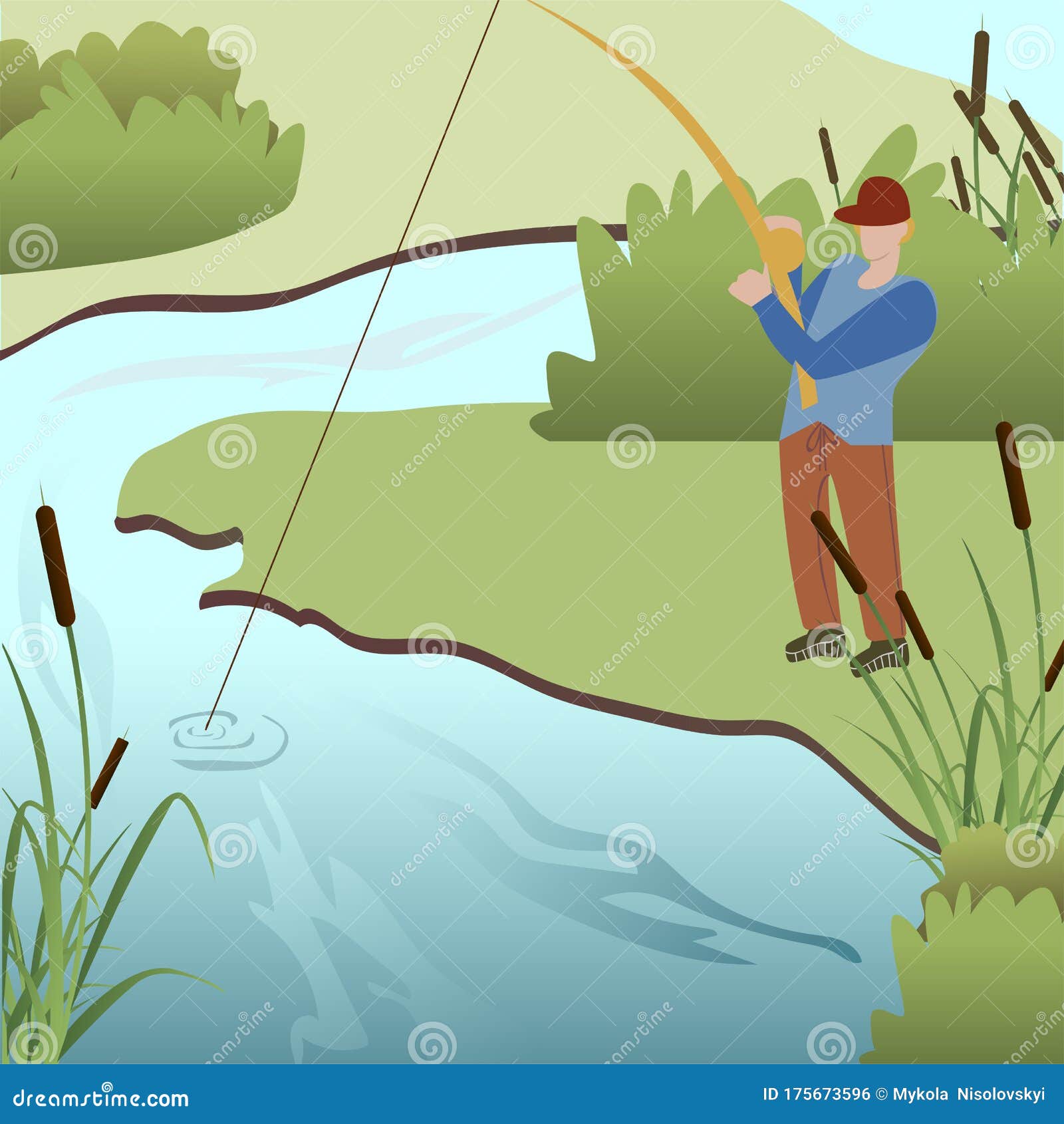 Man Fishing in Lake Cartoon Vector Illustration Stock Vector - Illustration  of person, minimal: 175673596