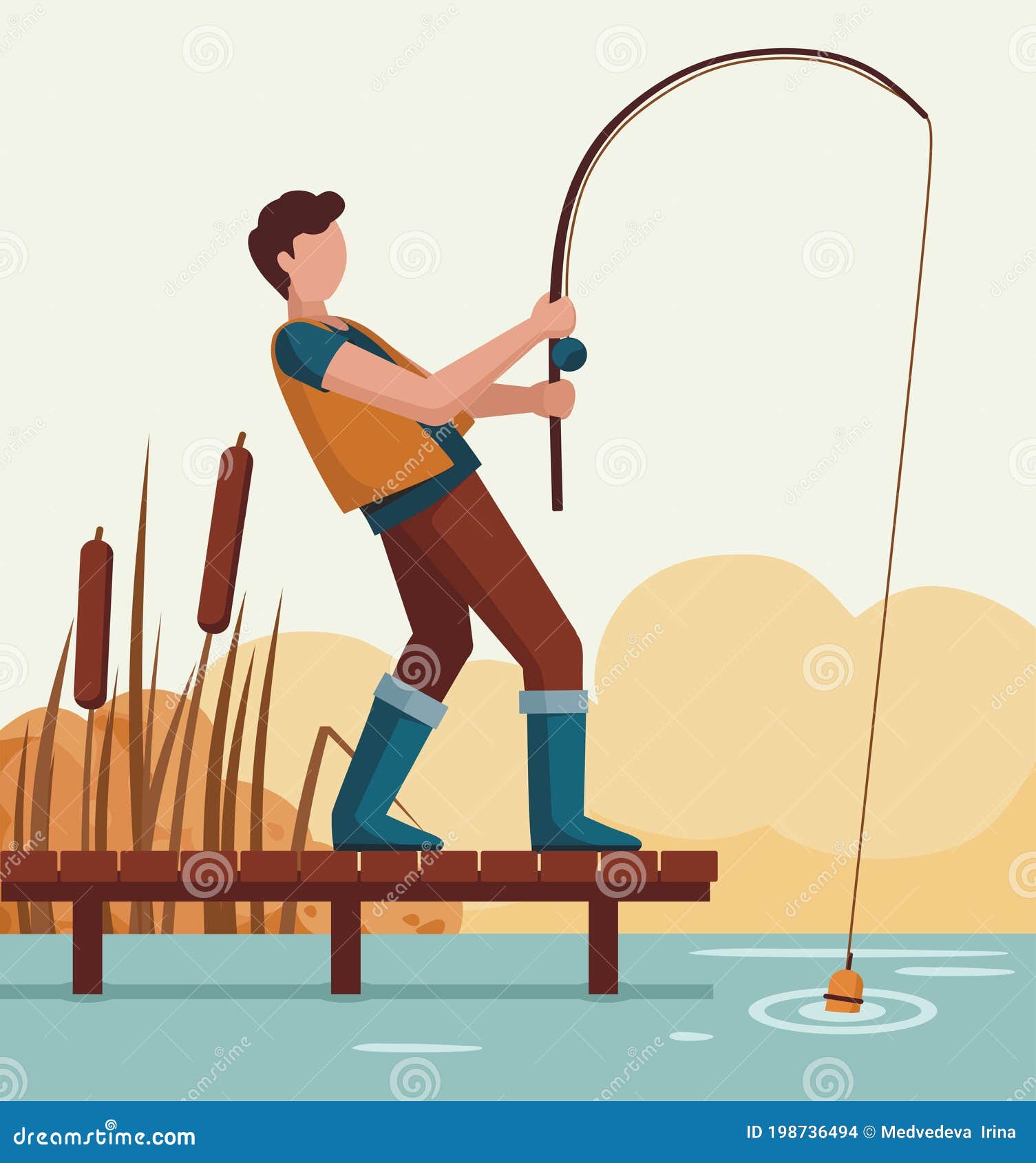 Man Fishing on a Lake on a Wooden Dock. Fisherman Stock Vector