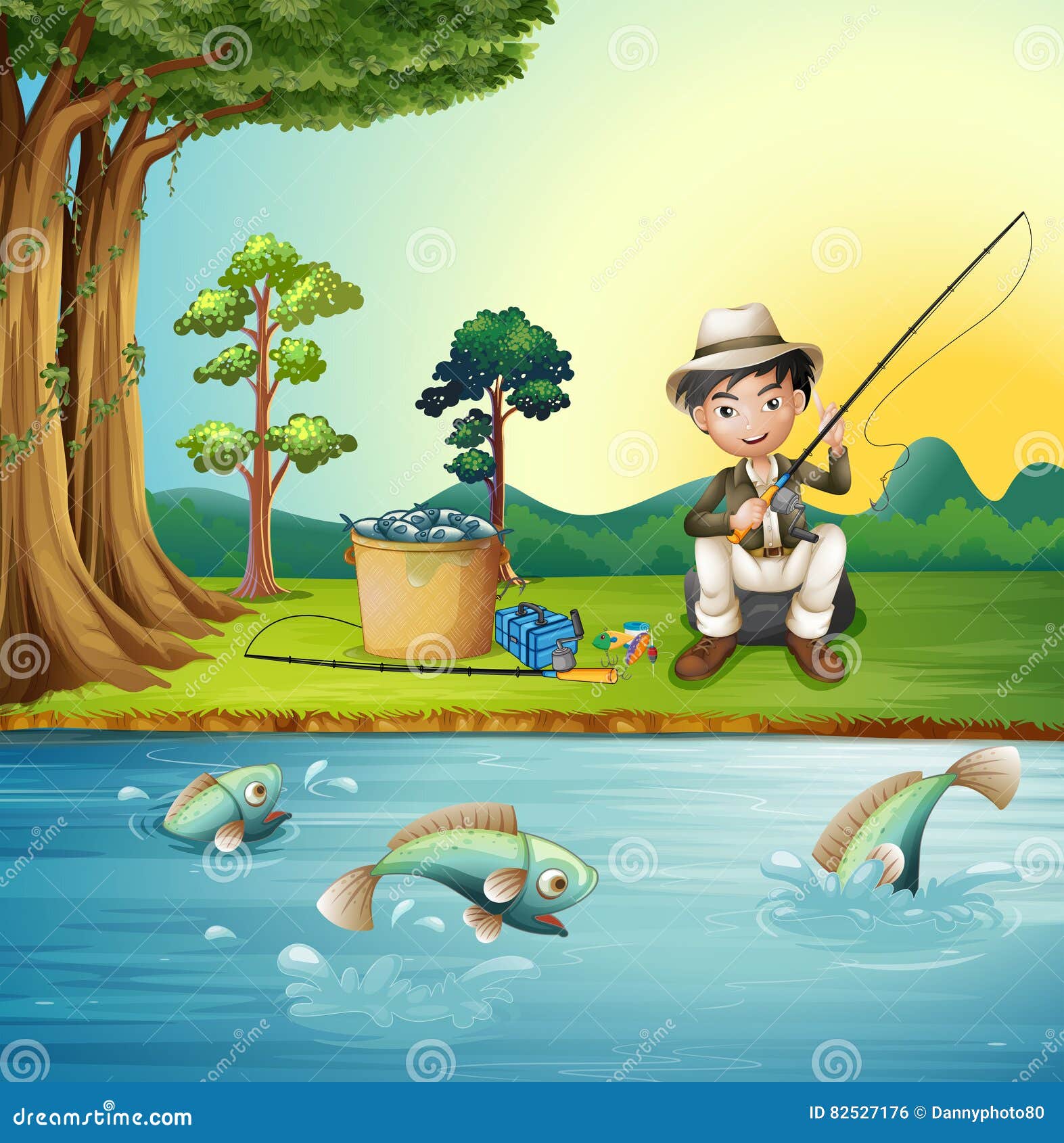Man fishing by the river stock vector. Illustration of scenery 82527176
