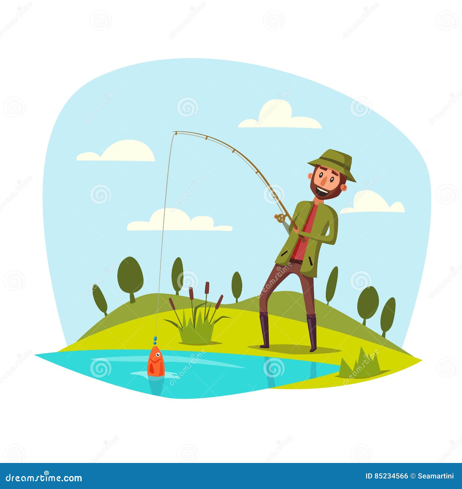 Man Fishing with Rod, Catching Vector Fish on Hook Stock Vector -  Illustration of lure, relaxation: 85234566