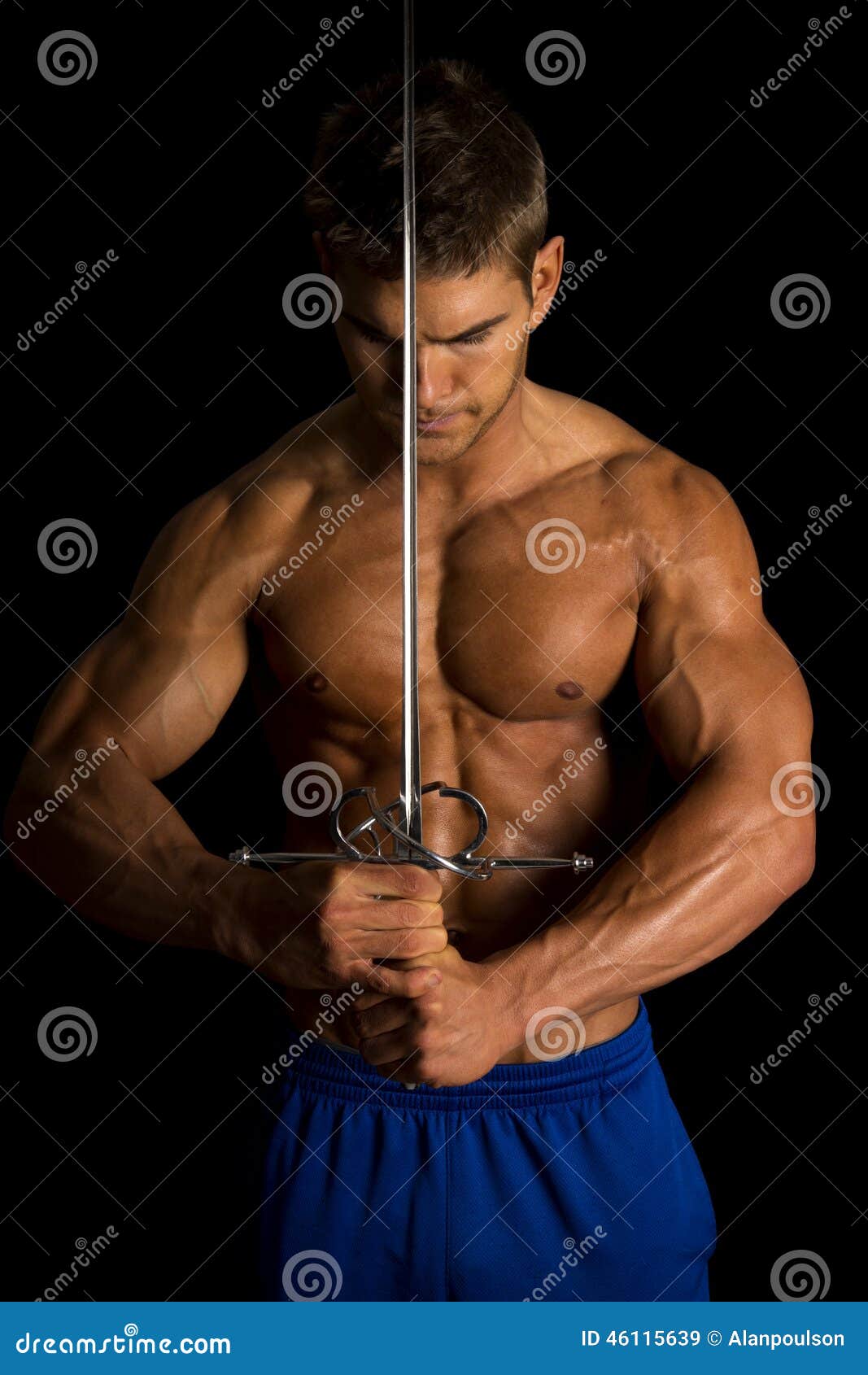 Man Fitness No Shirt  On Black  Sword Front Of Face Look 