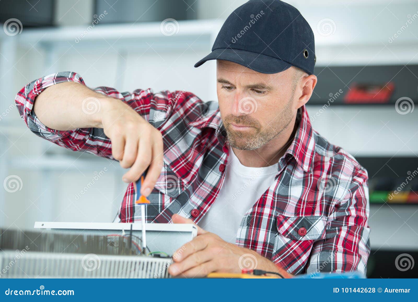 Man Fixing Old Desktop Computer Using Screwdriver Stock Photo Image