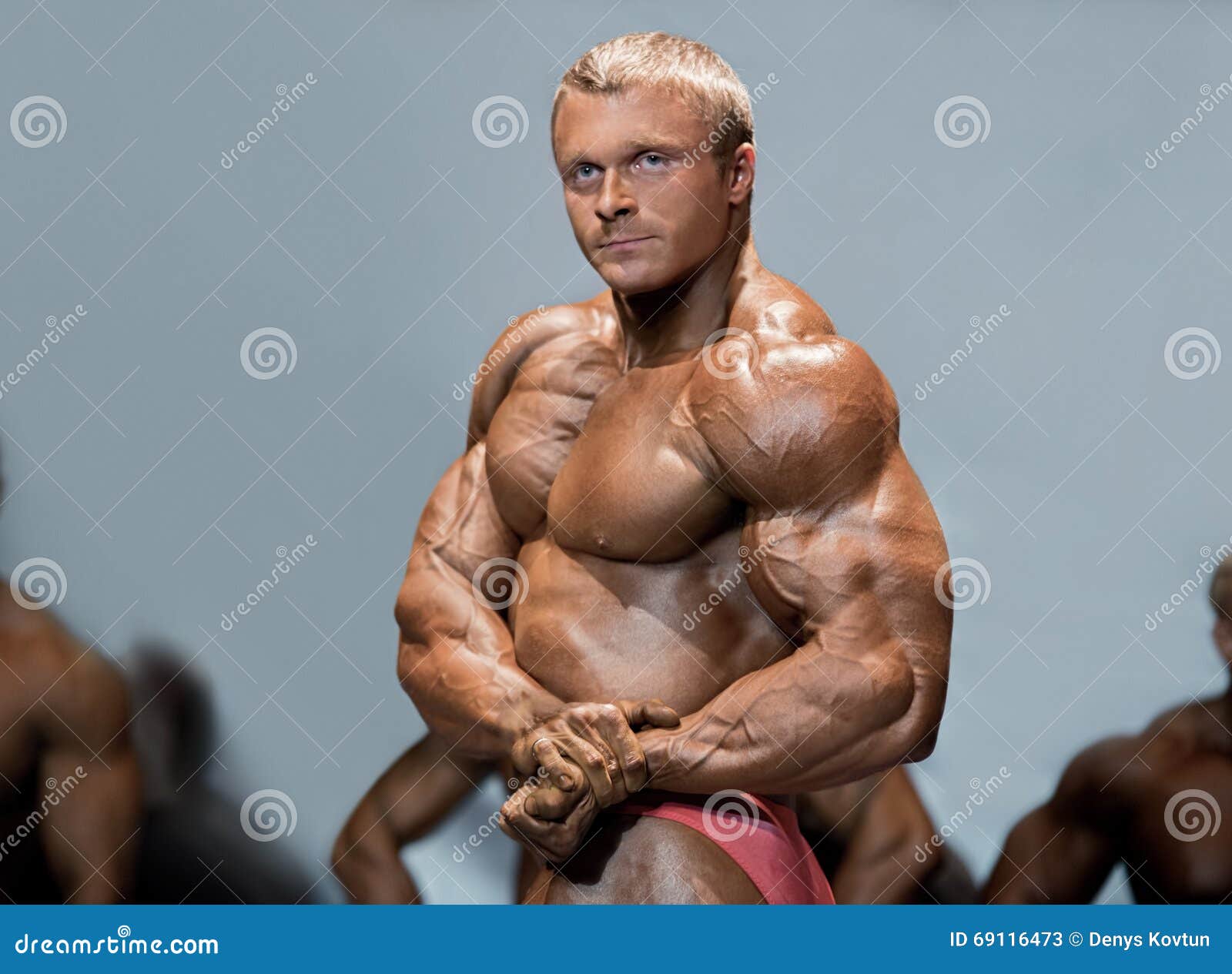 Man flexes chest and arms. stock image. Image of chest - 69116473