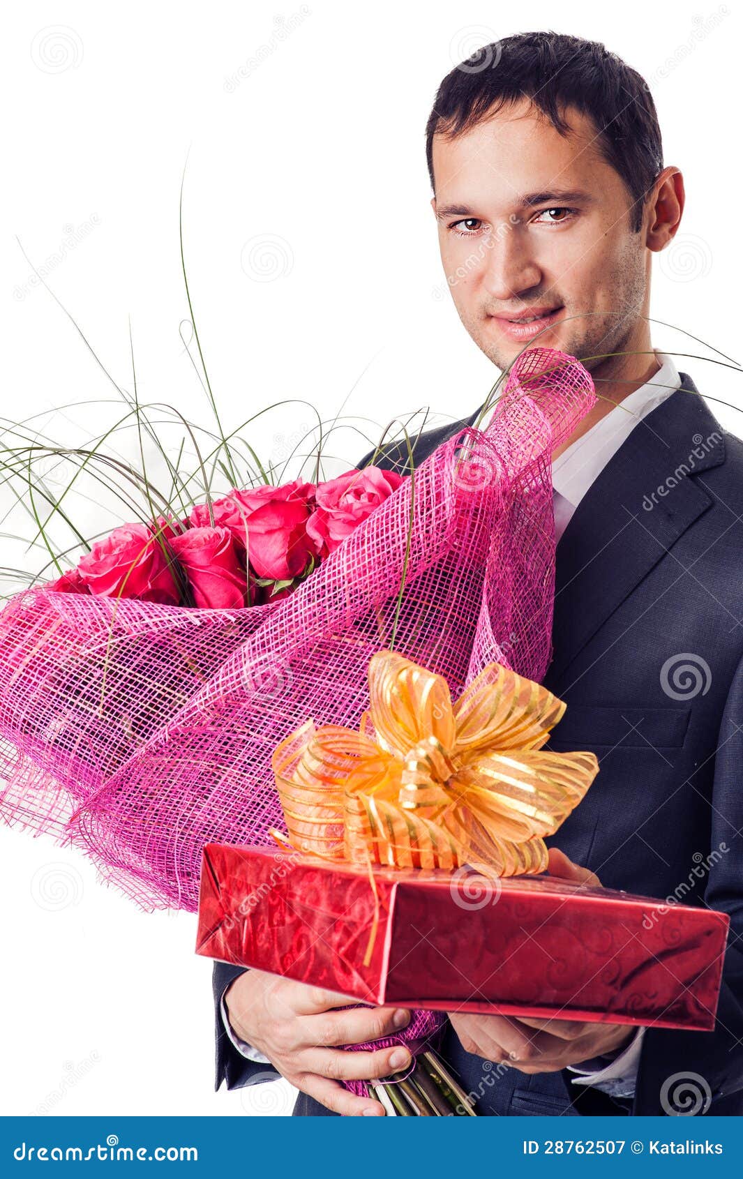 Man with flowers and gift stock image. Image of back 28762507