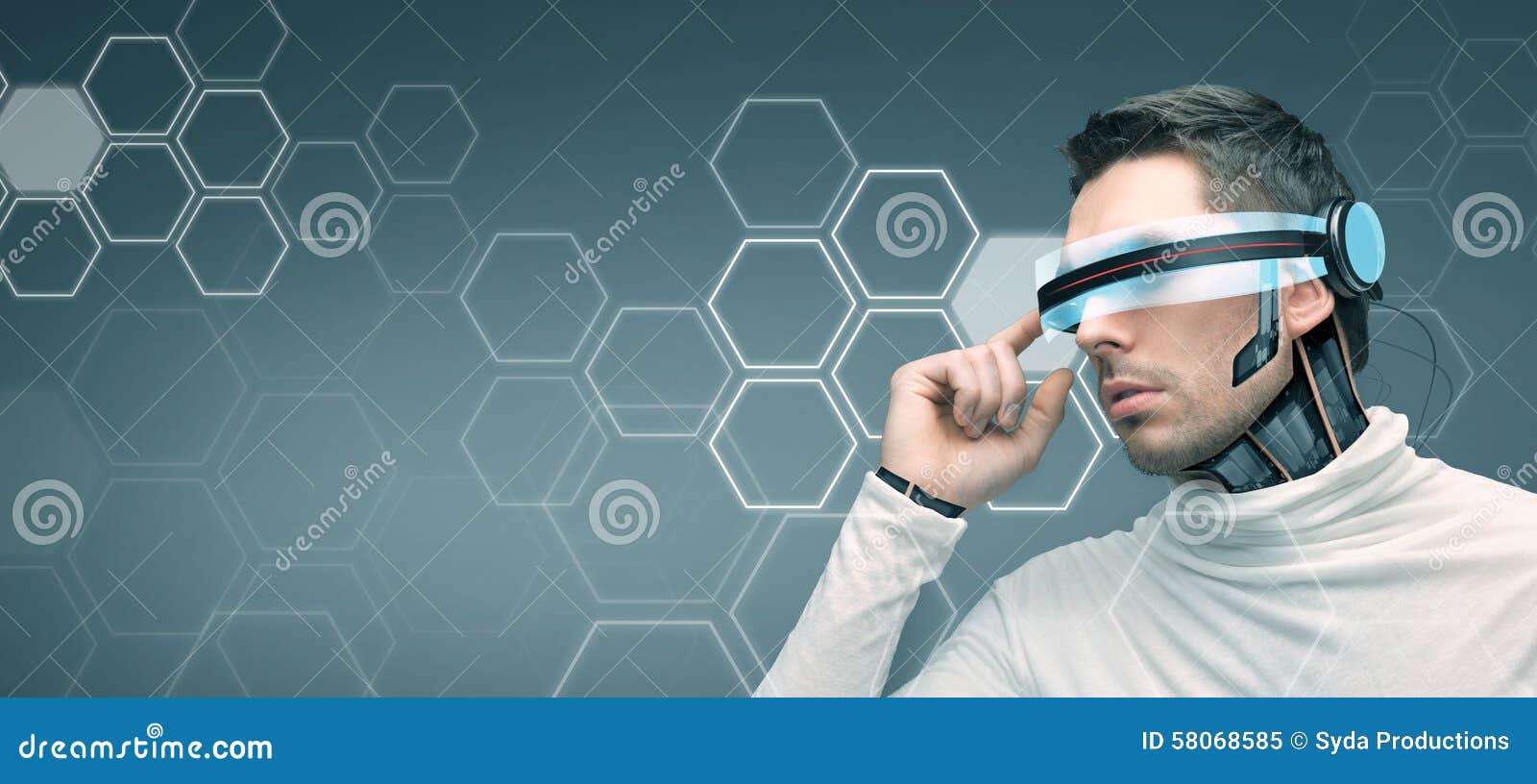 Man With Futuristic 3d Glasses And Sensors Stock Image Image Of Hexagon Equipment 58068585