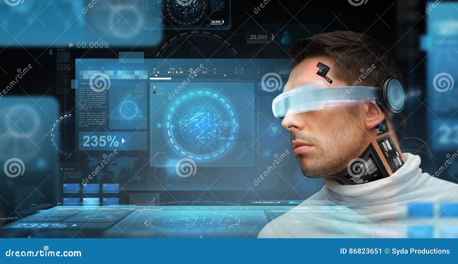 Man With Futuristic Glasses And Sensors Stock Image Image Of Analytics Display 86823651