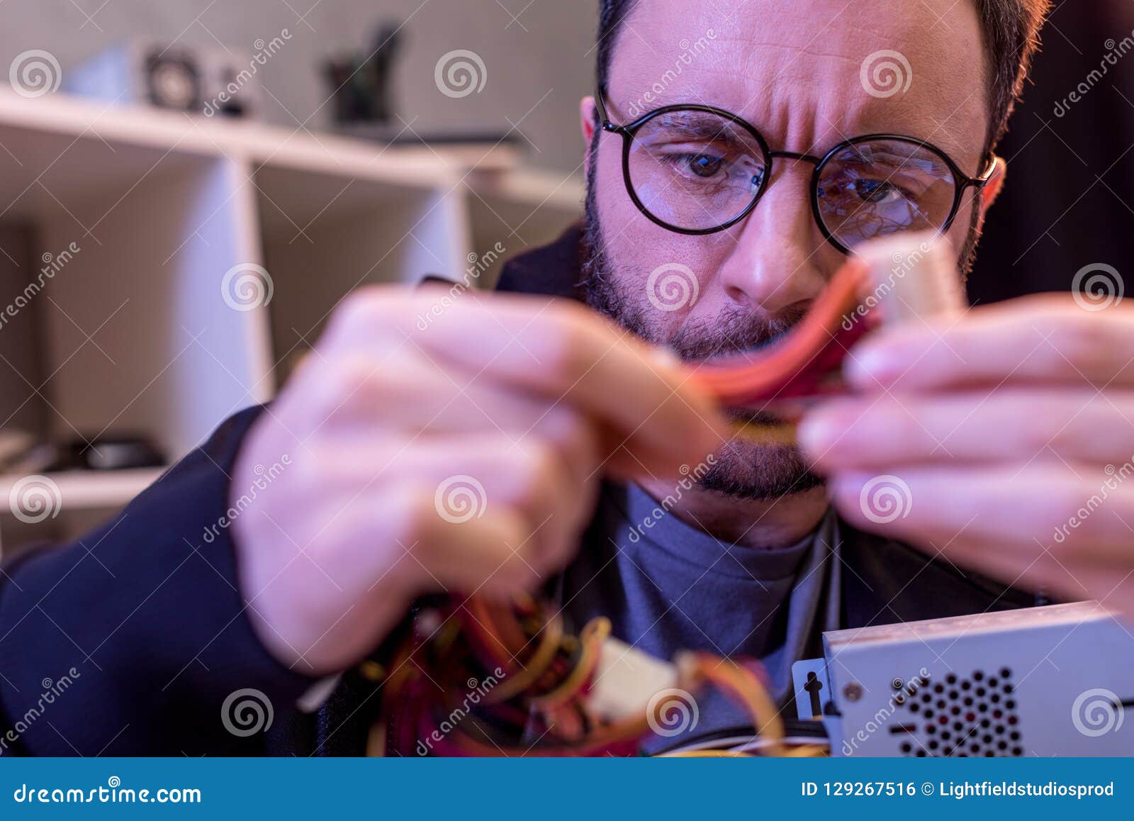 Man in Glasses Holding Wires of Broken Stock Photo Image of