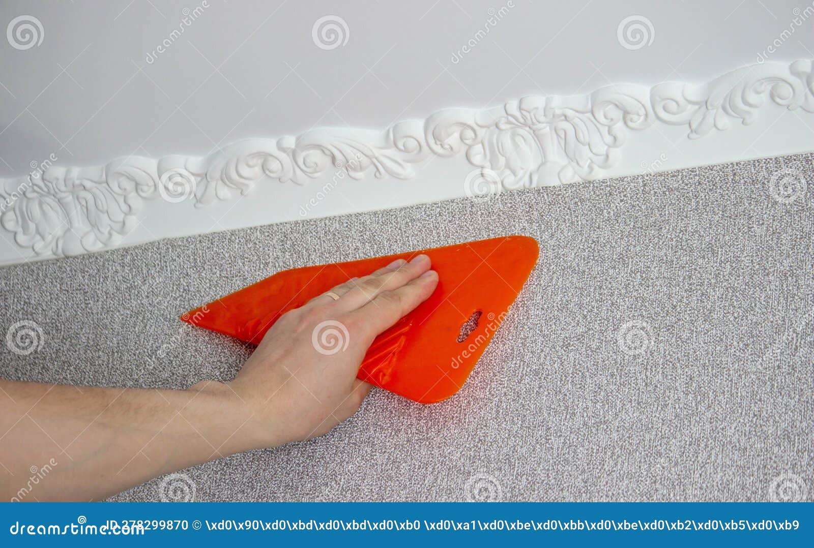 A Man Glues Wallpaper, Repairs the House Stock Photo Image of