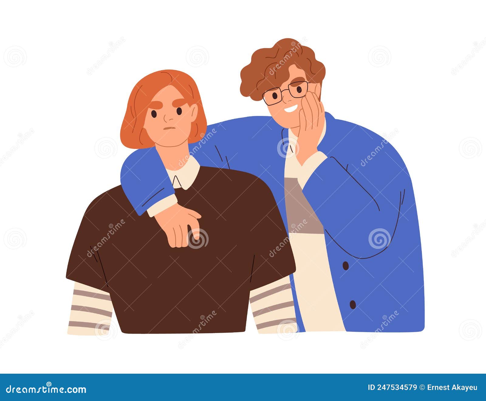 man gossipping, spreading rumors, telling, whispering negative information to annoyed woman with angry face expression