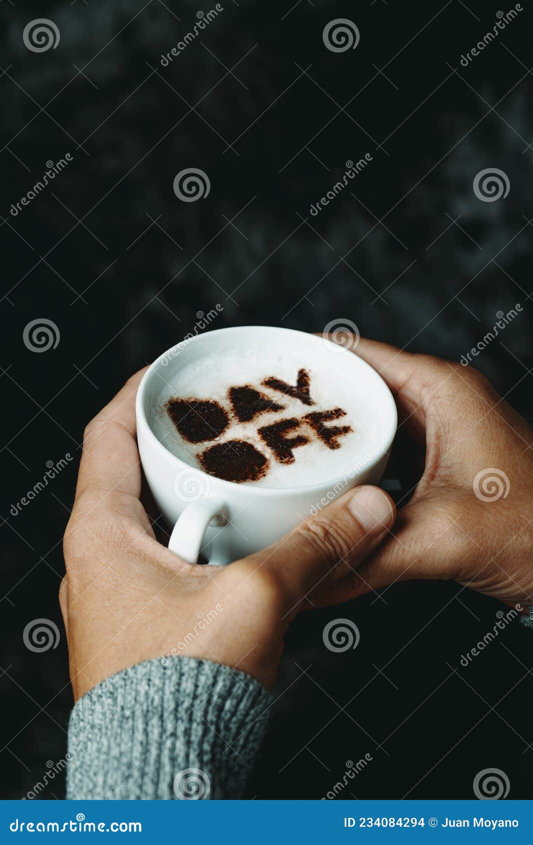 man grabs a cappuccino cup with the text day-off