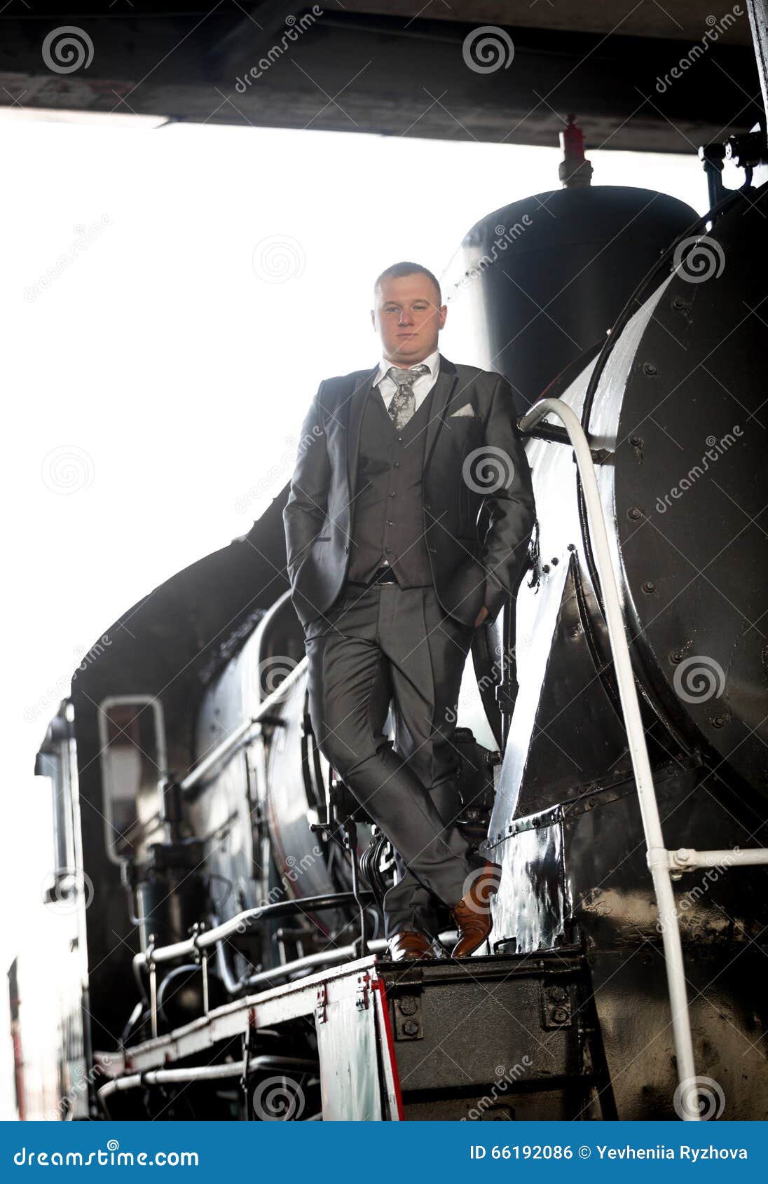 Man in Gray Suit Posing on Retro Train Stock Photo Image of