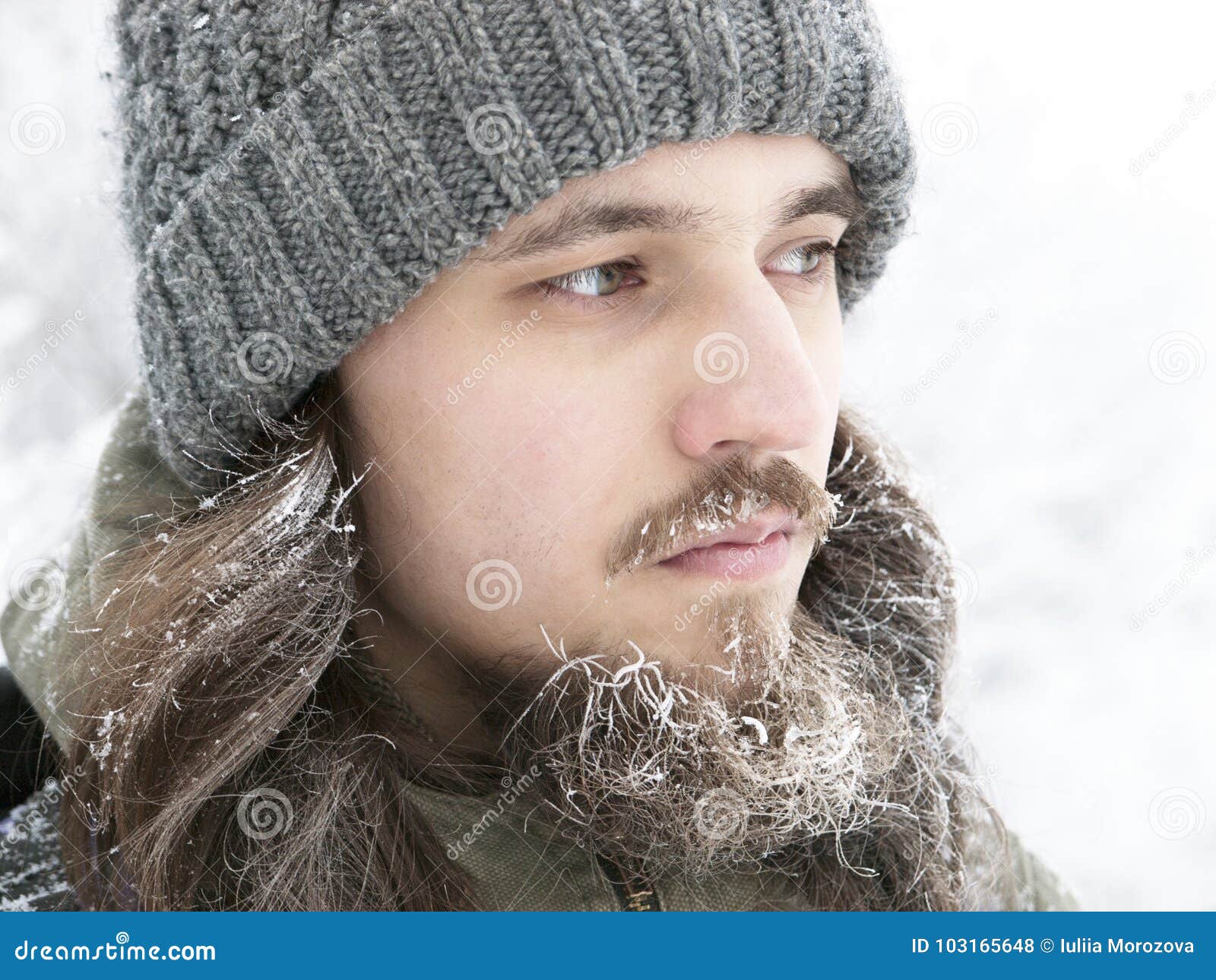 A Man in a Grey Knitted Hat, with Frosted Beard and Long Hair in Winter.  Stock Photo - Image of daytime, icing: 103165648