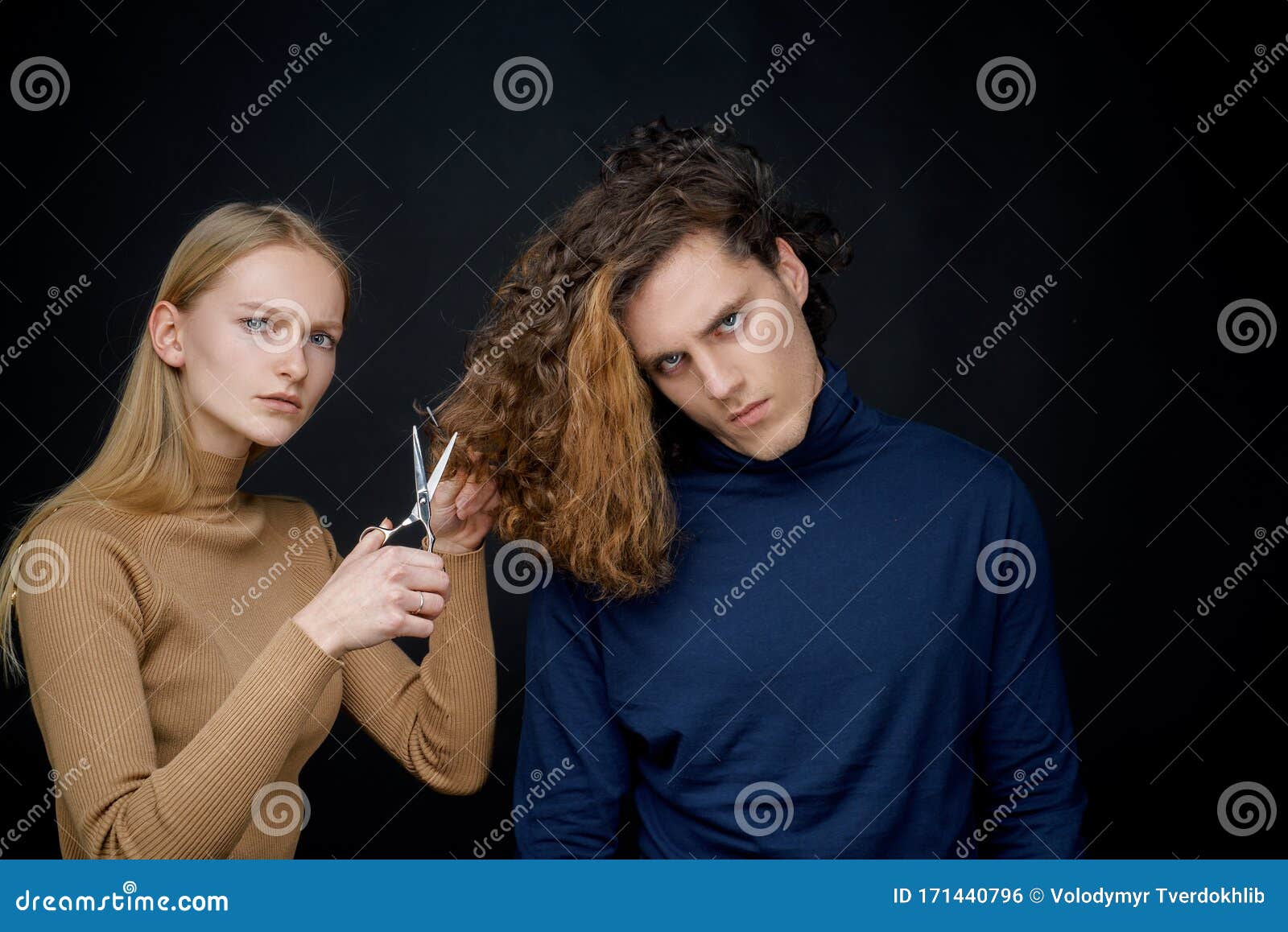 Man Hair Style Concept. Handsome Man with Long Wavy Hair and His Cute Girlfriend. Female with Scissors Going To Do Stock Photo - Image of adult, lifestyle: 171440796 Man Hair Style Concept. Handsome Man with Long Wavy Hair and His Cute Girlfriend. Female with Scissors Going To Do Stock Photo - Image of adult, lifestyle: 171440796