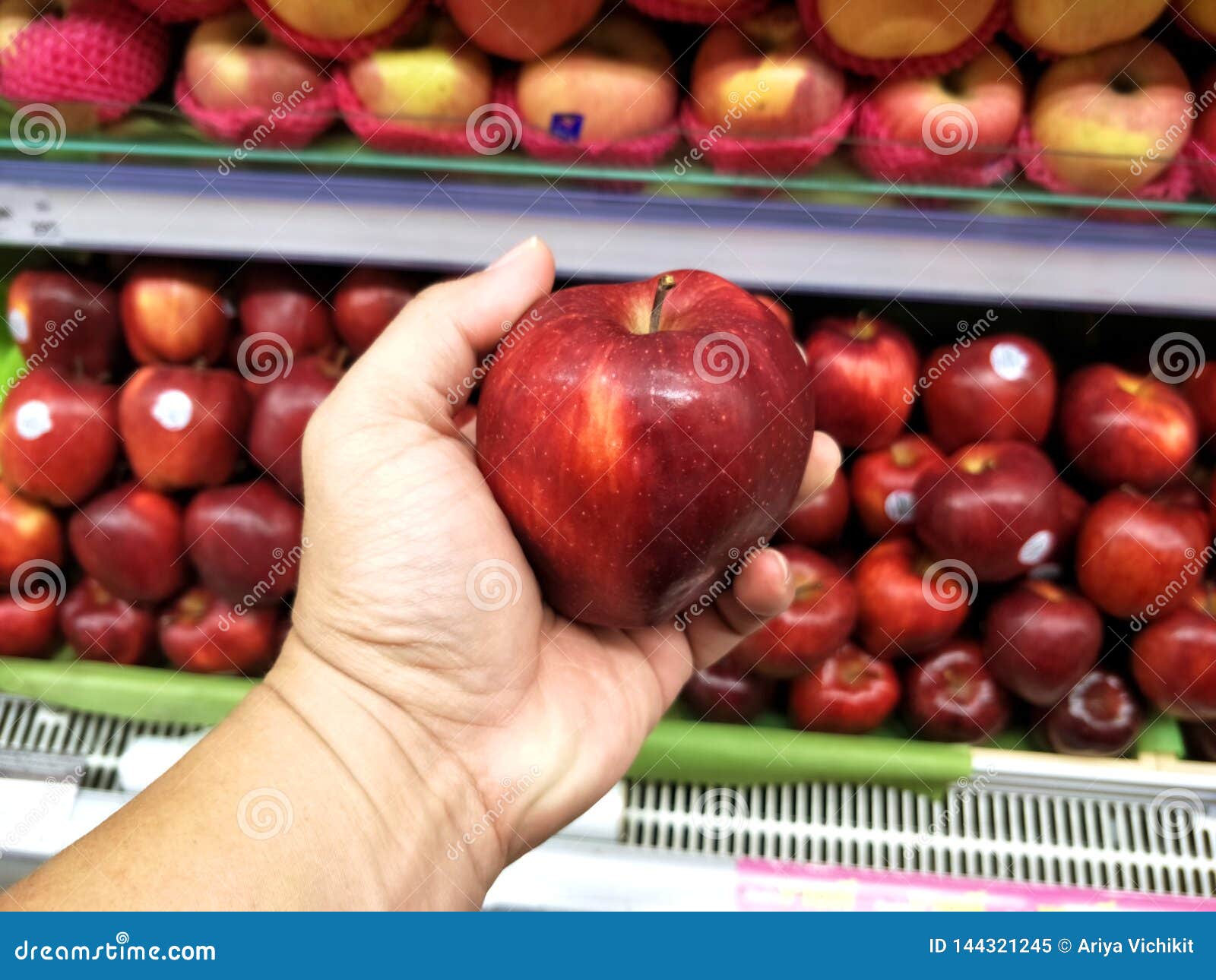 Man Hand Choosing Red Apple in the Supermarket Stock Image Image of