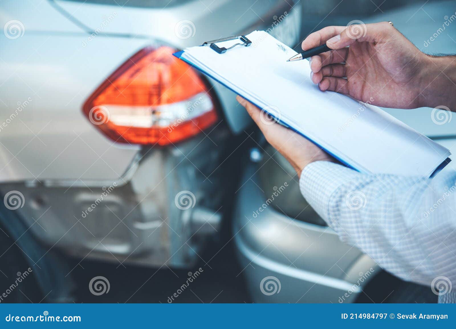 man hand documant and car crash accident.