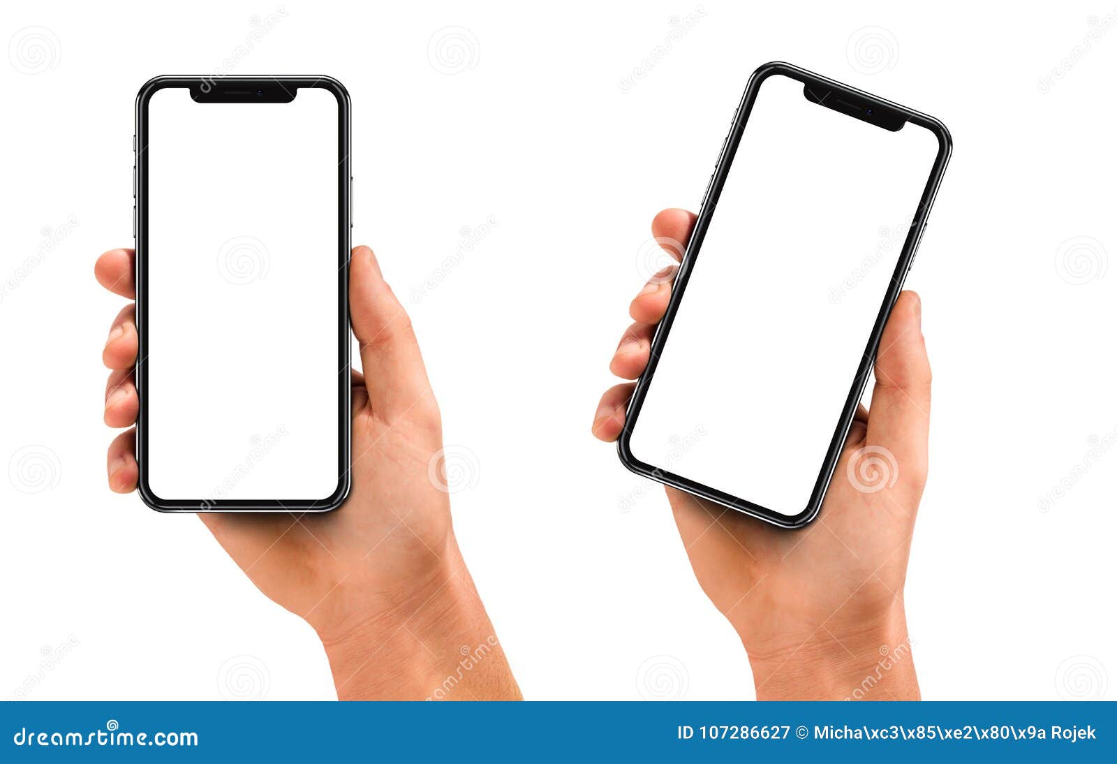 man hand holding the black smartphone with blank screen