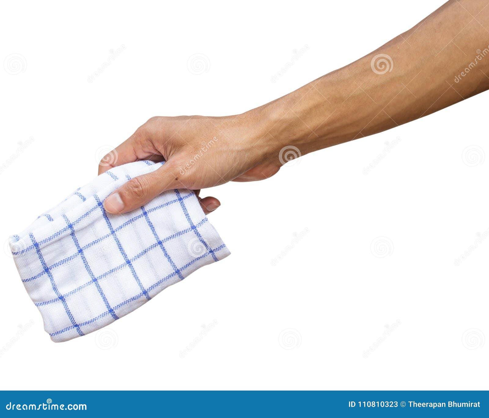 man hand holding handkerchief or table wipes  on white.