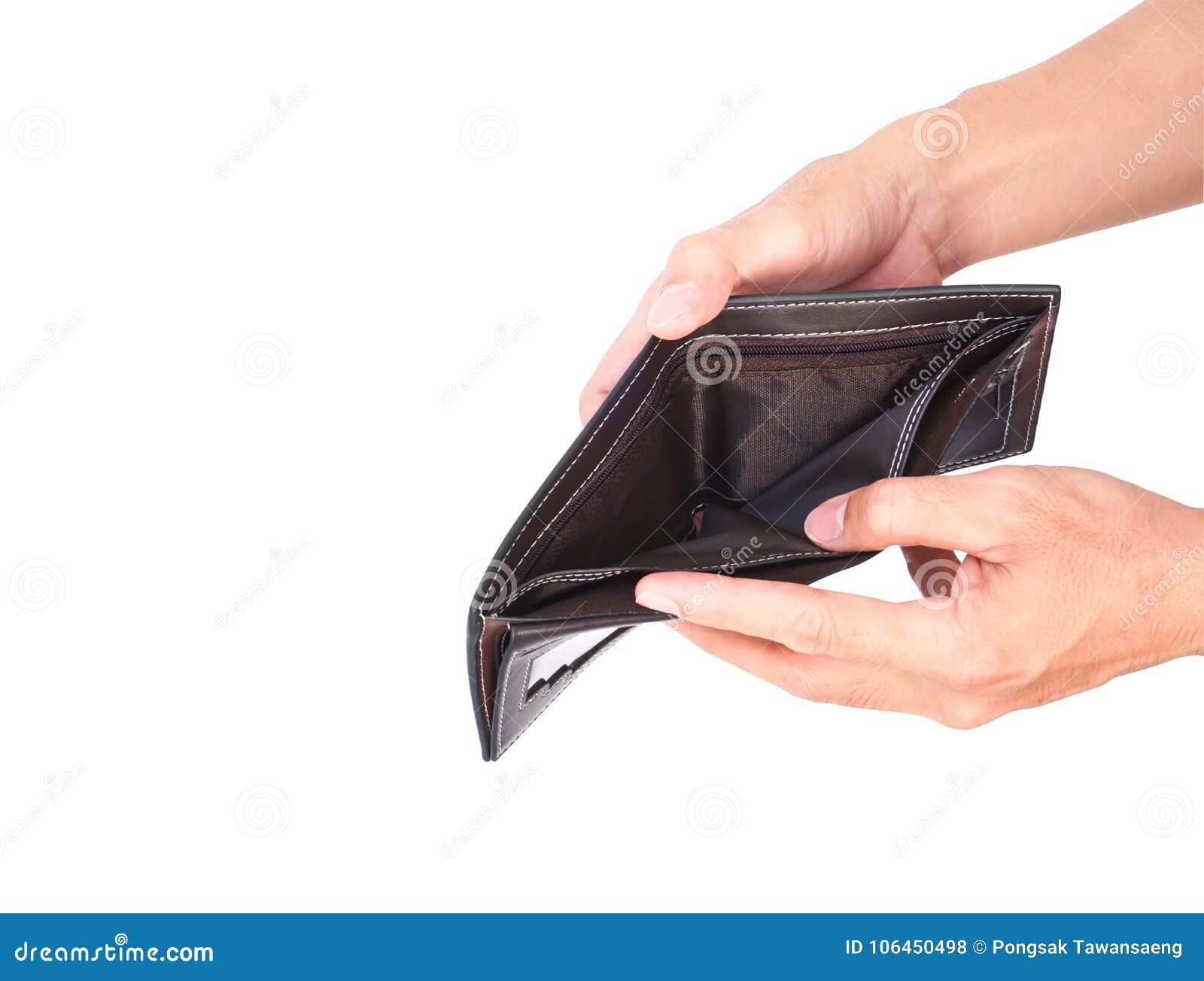 Man hand open the brown handmade leather empty wallet on white background  Stock Photo